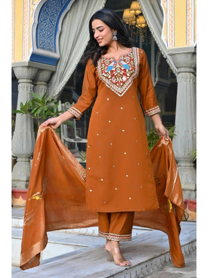 Brown Sequins Embroidered Viscose Salwar Suit - Image 1