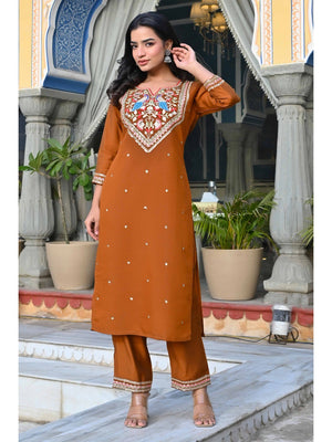 Brown Sequins Embroidered Viscose Salwar Suit - Image 2