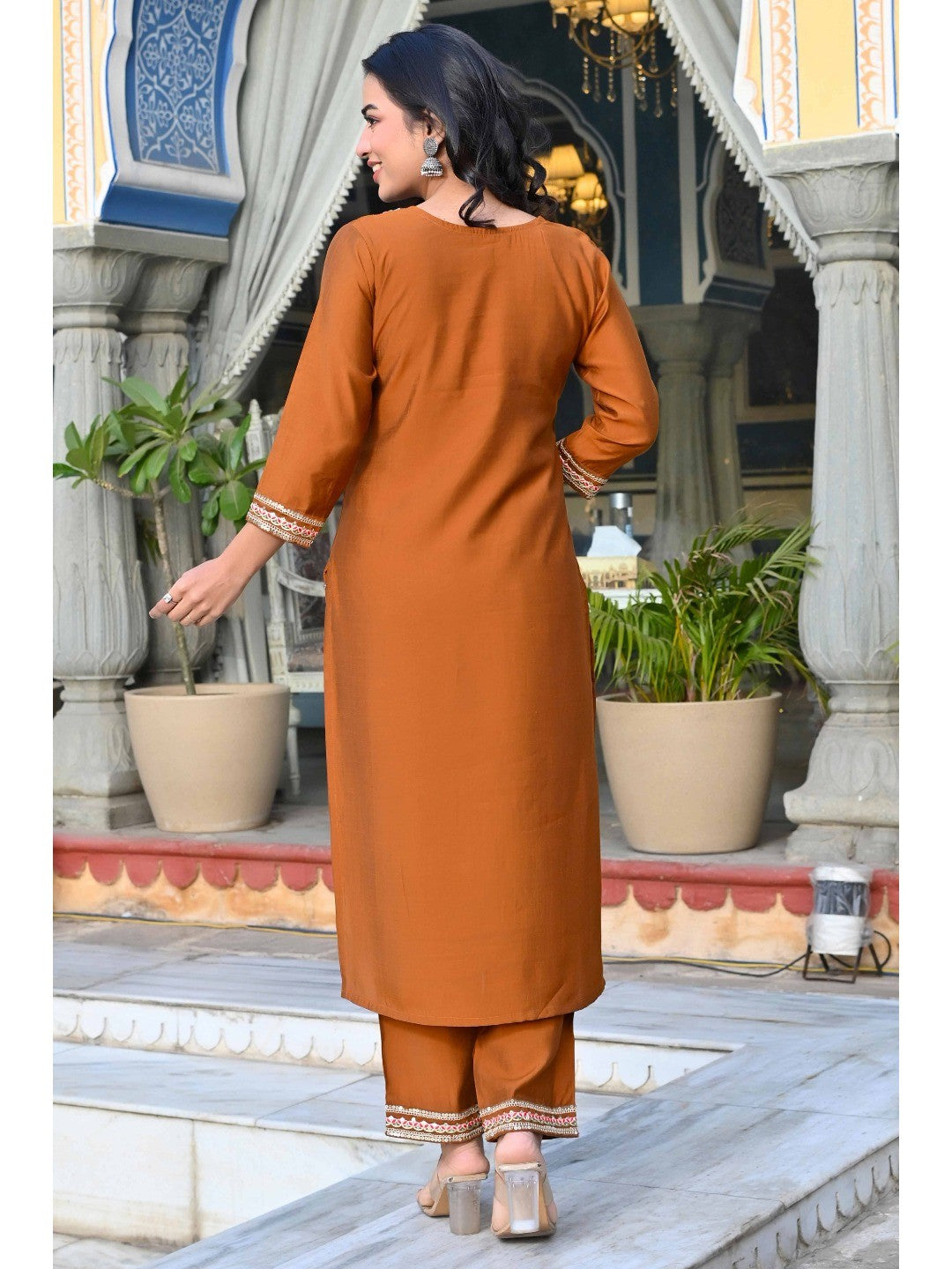 Brown Sequins Embroidered Viscose Salwar Suit - Image 5