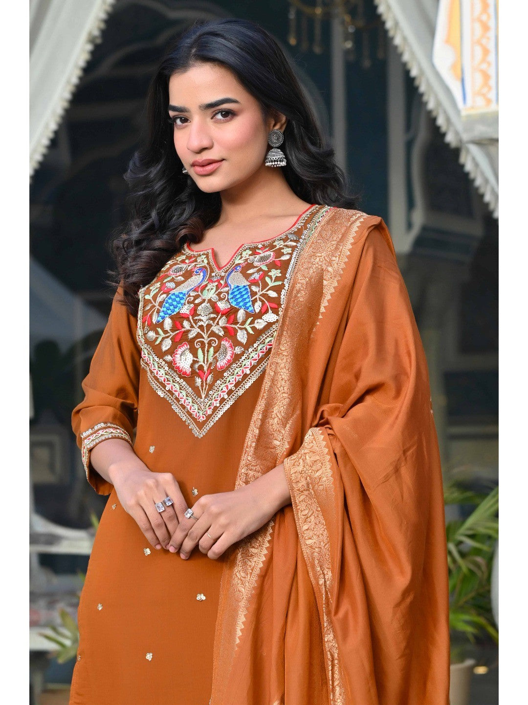 Brown Sequins Embroidered Viscose Salwar Suit - Image 7