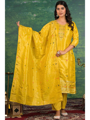 Mustard Floral Woven Dola Silk Salwar Suit - Image 2