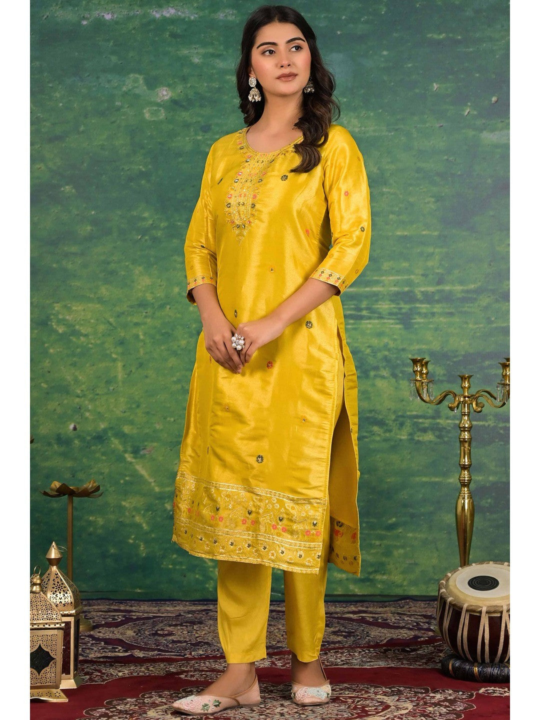 Mustard Floral Woven Dola Silk Salwar Suit - Image 4