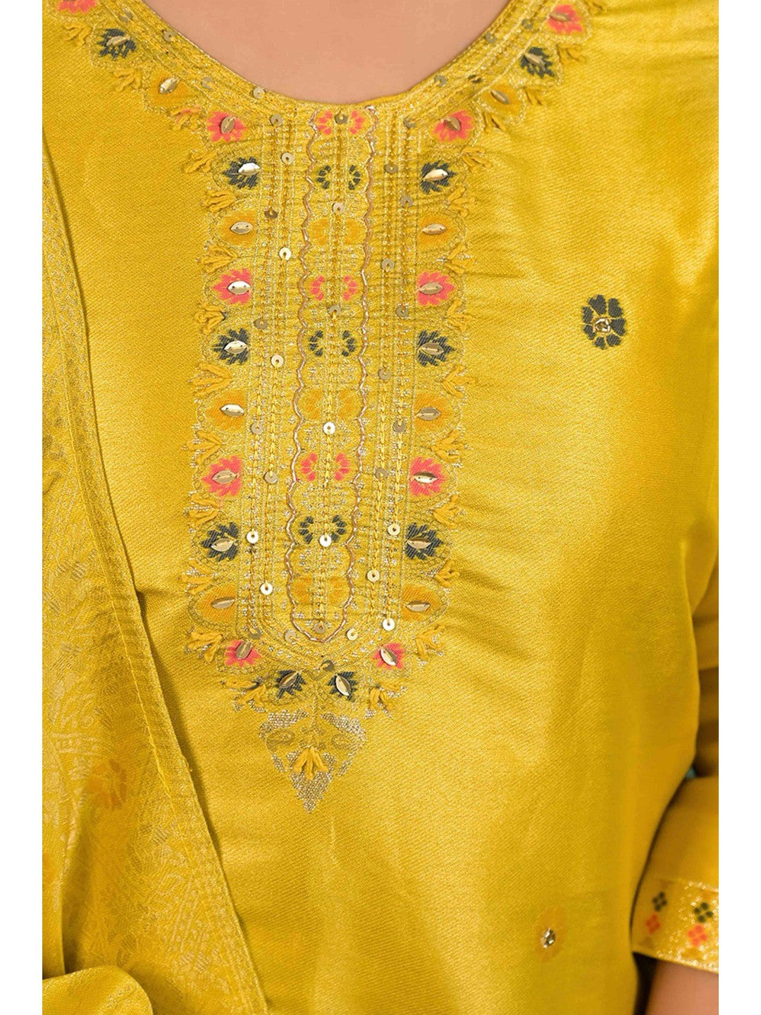 Mustard Floral Woven Dola Silk Salwar Suit - Image 6