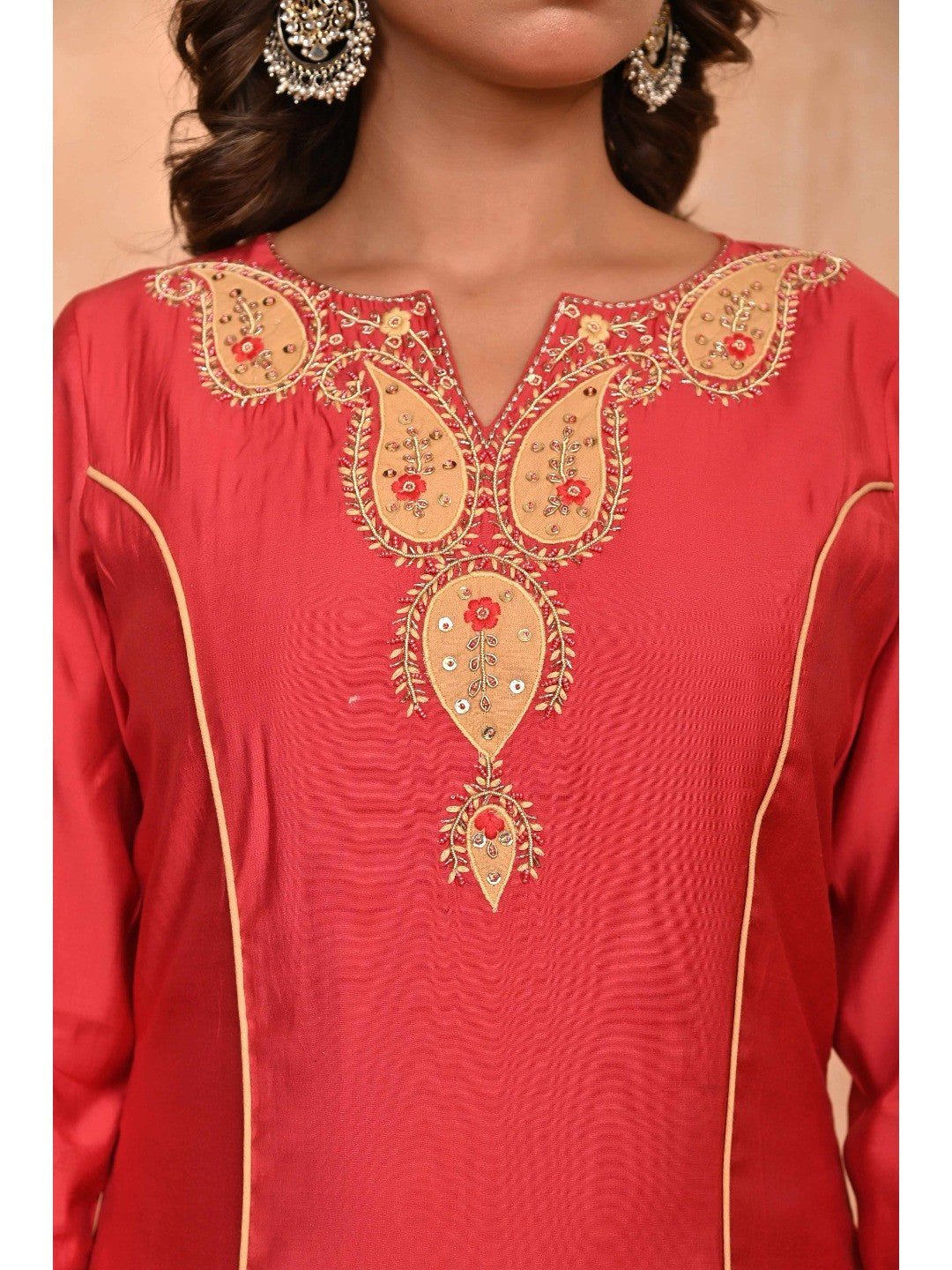 Rusty Red Embroidered A-Line Chanderi Silk Salwar Suit with Delicate Patchwork Detailing - Image 8
