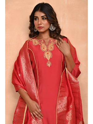 Rusty Red Embroidered A-Line Chanderi Silk Salwar Suit with Delicate Patchwork Detailing - Image 2