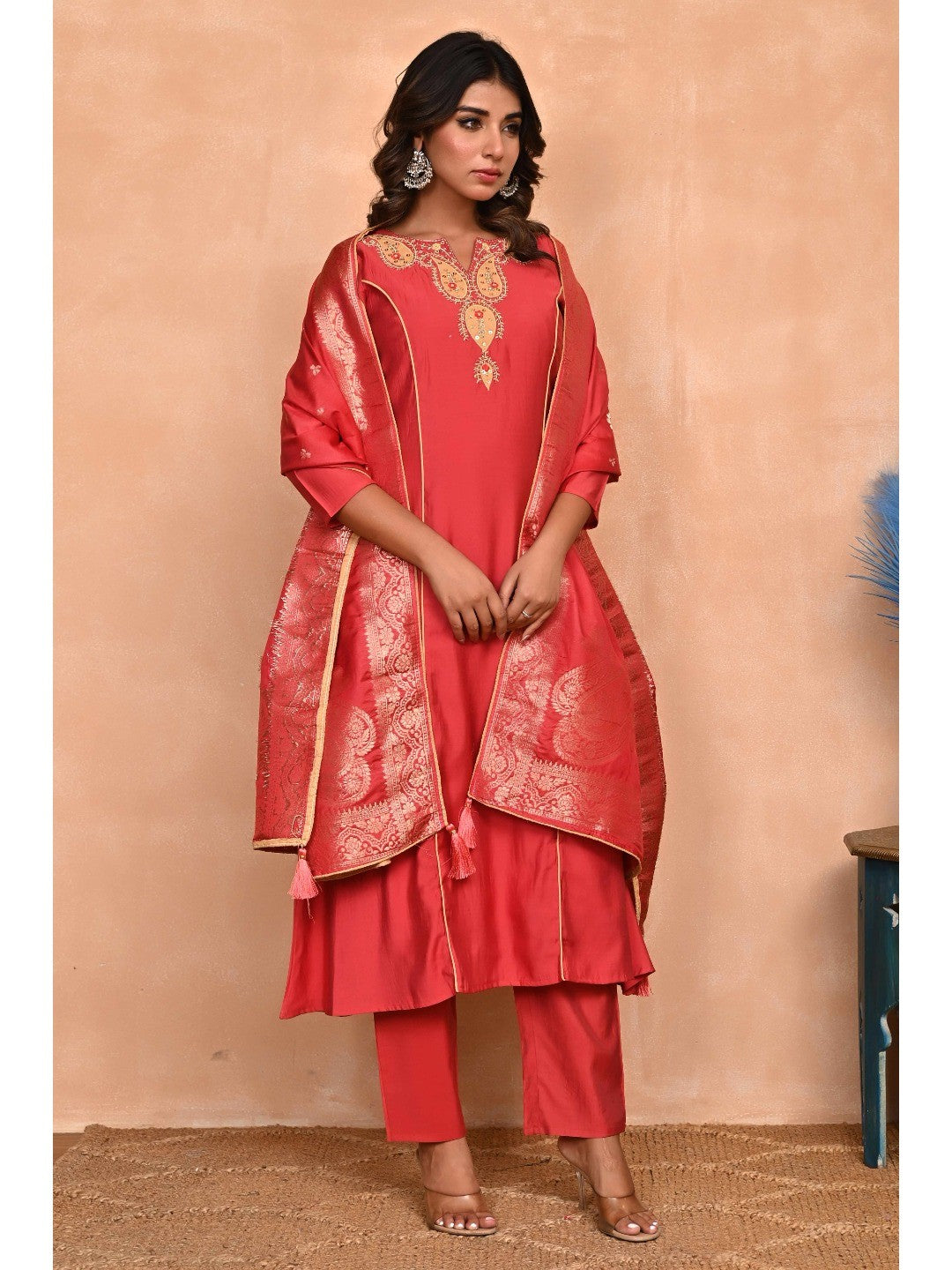 Rusty Red Embroidered A-Line Chanderi Silk Salwar Suit with Delicate Patchwork Detailing - Image 3