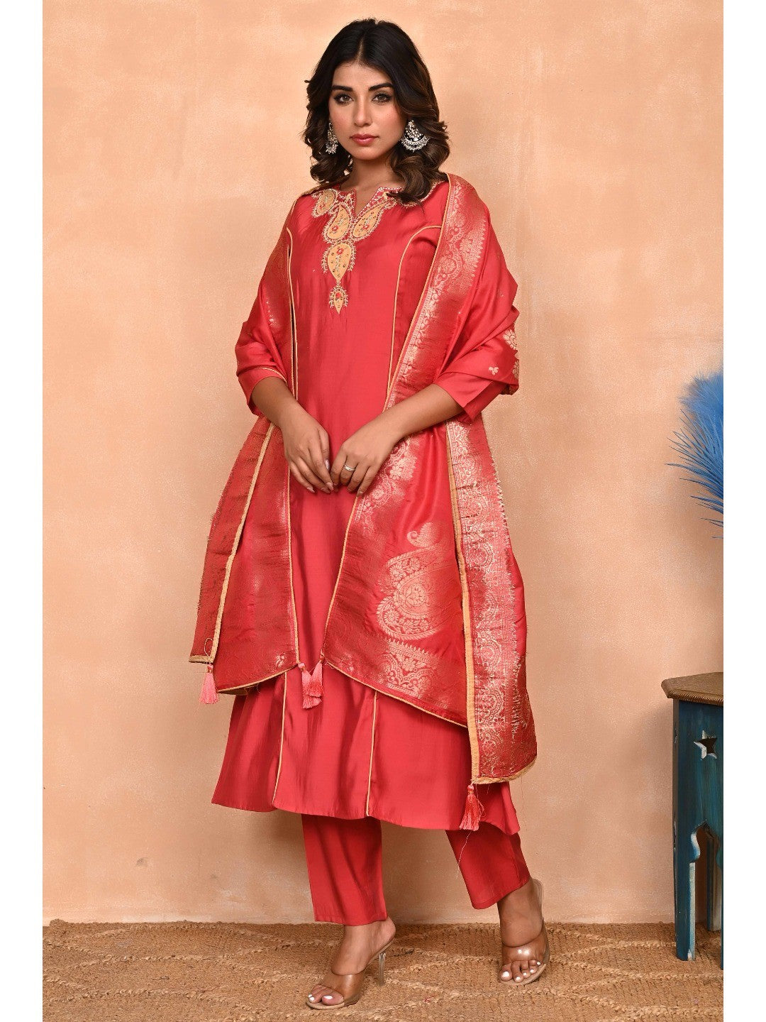Rusty Red Embroidered A-Line Chanderi Silk Salwar Suit with Delicate Patchwork Detailing - Image 10