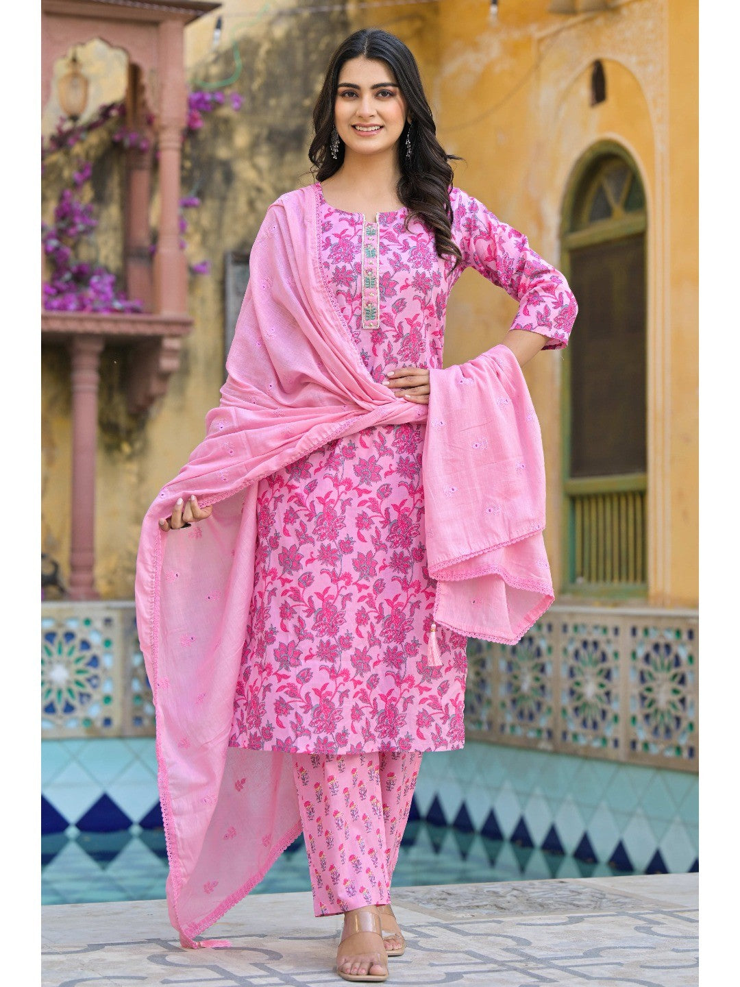 Blush Pink Floral Printed Pure Cotton Straight Salwar Suit - Image 1