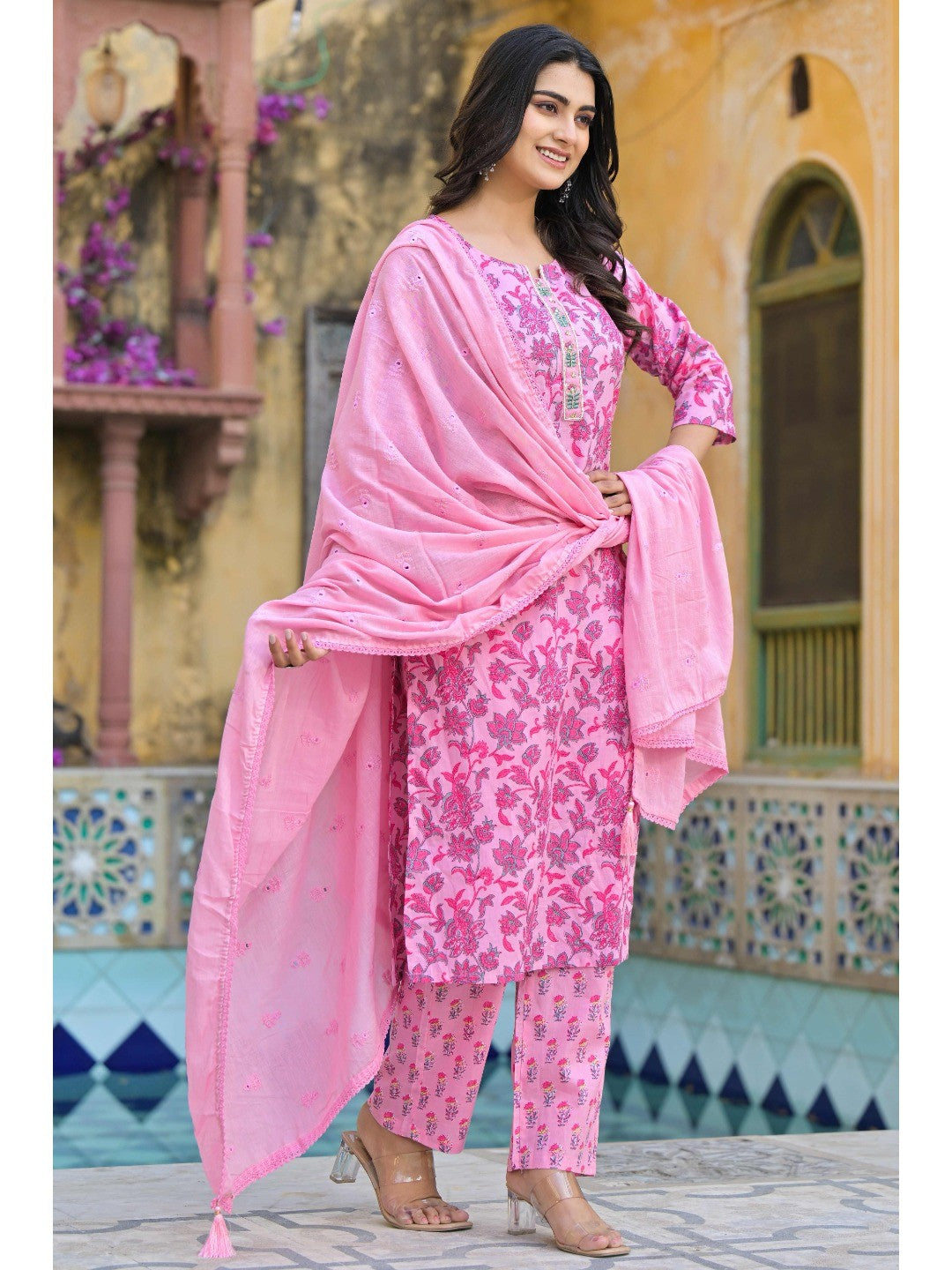 Blush Pink Floral Printed Pure Cotton Straight Salwar Suit - Image 2