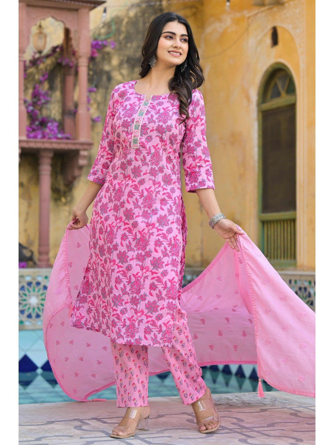 Blush Pink Floral Printed Pure Cotton Straight Salwar Suit - Image 4