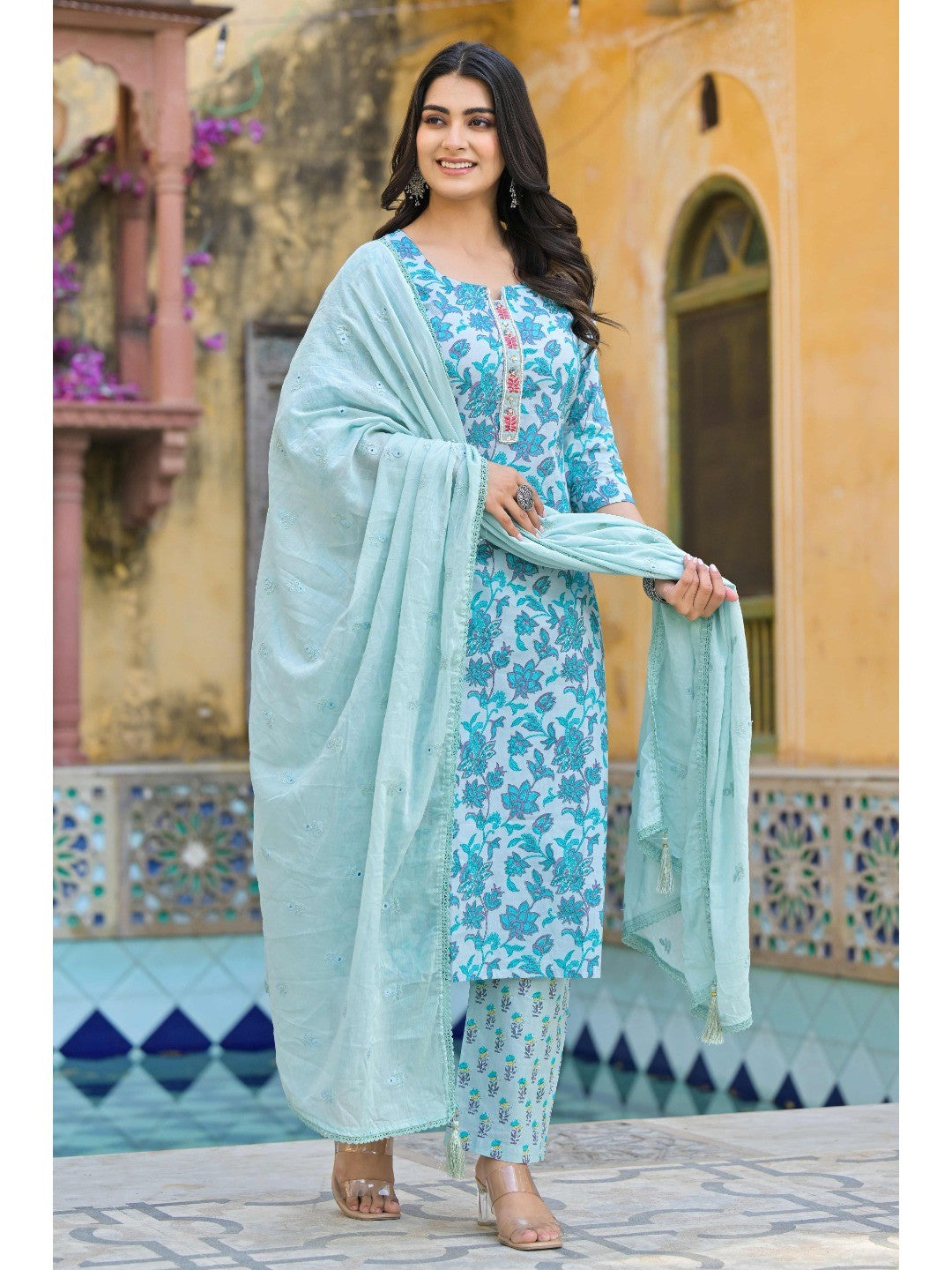 Turquoise Floral Printed Pure Cotton Straight Salwar Suit - Image 2