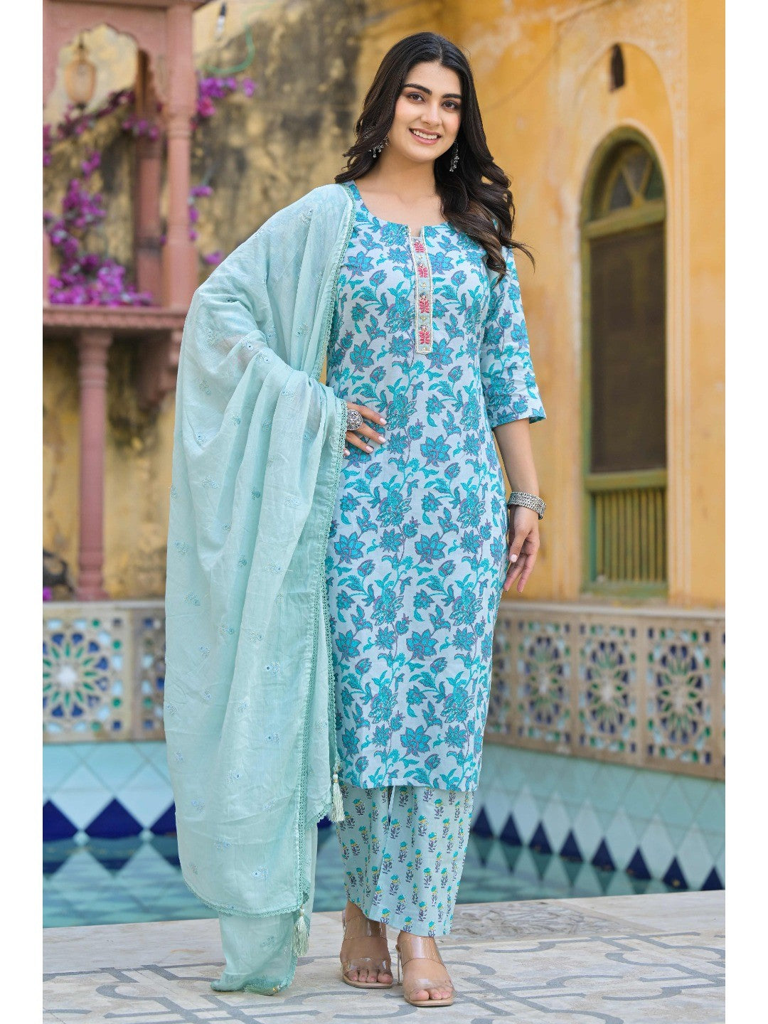 Turquoise Floral Printed Pure Cotton Straight Salwar Suit - Image 8