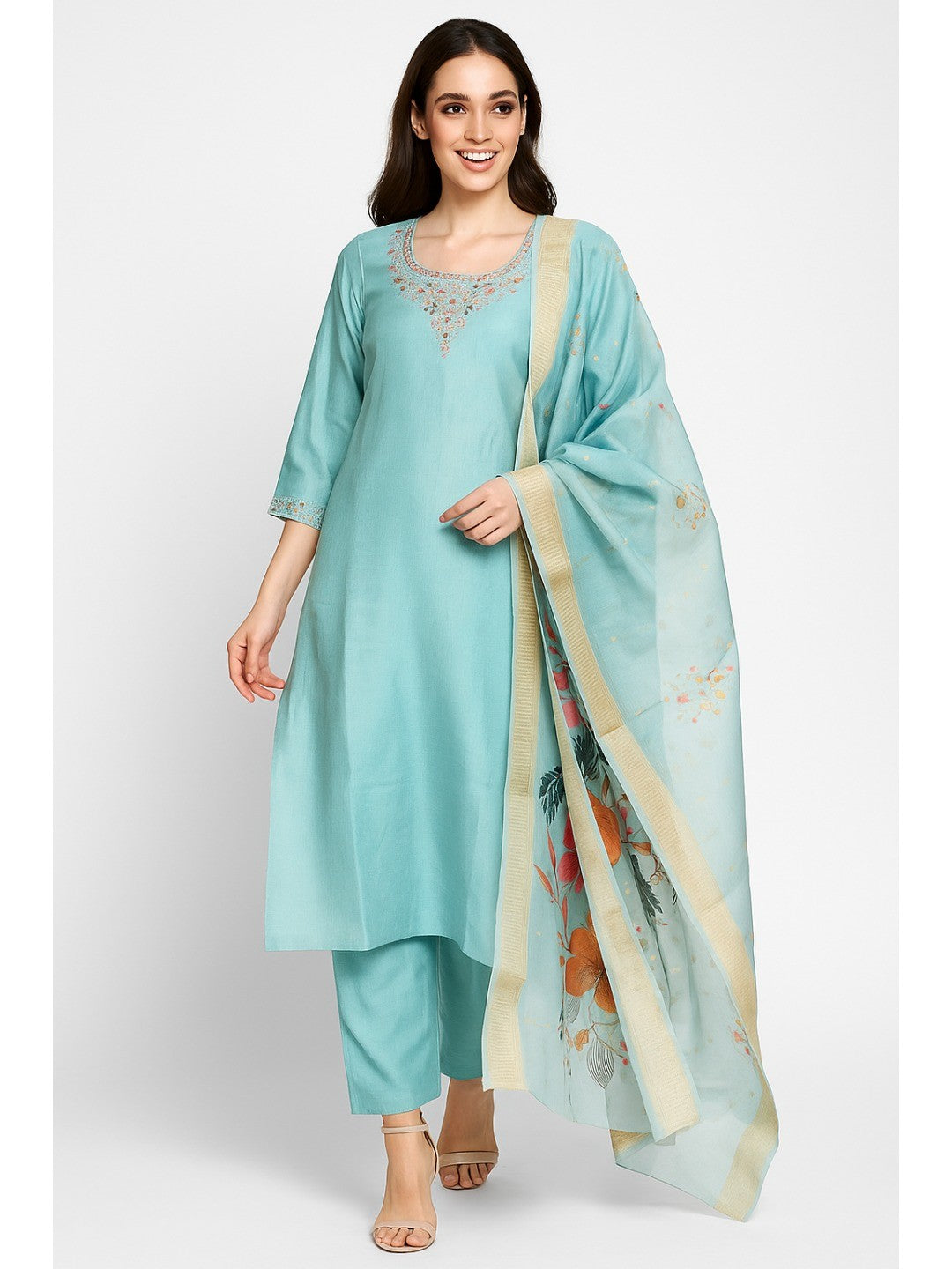 Blue Floral Sequins Embroidery With Handwork Viscose Straight Salwar Suit - Image 1