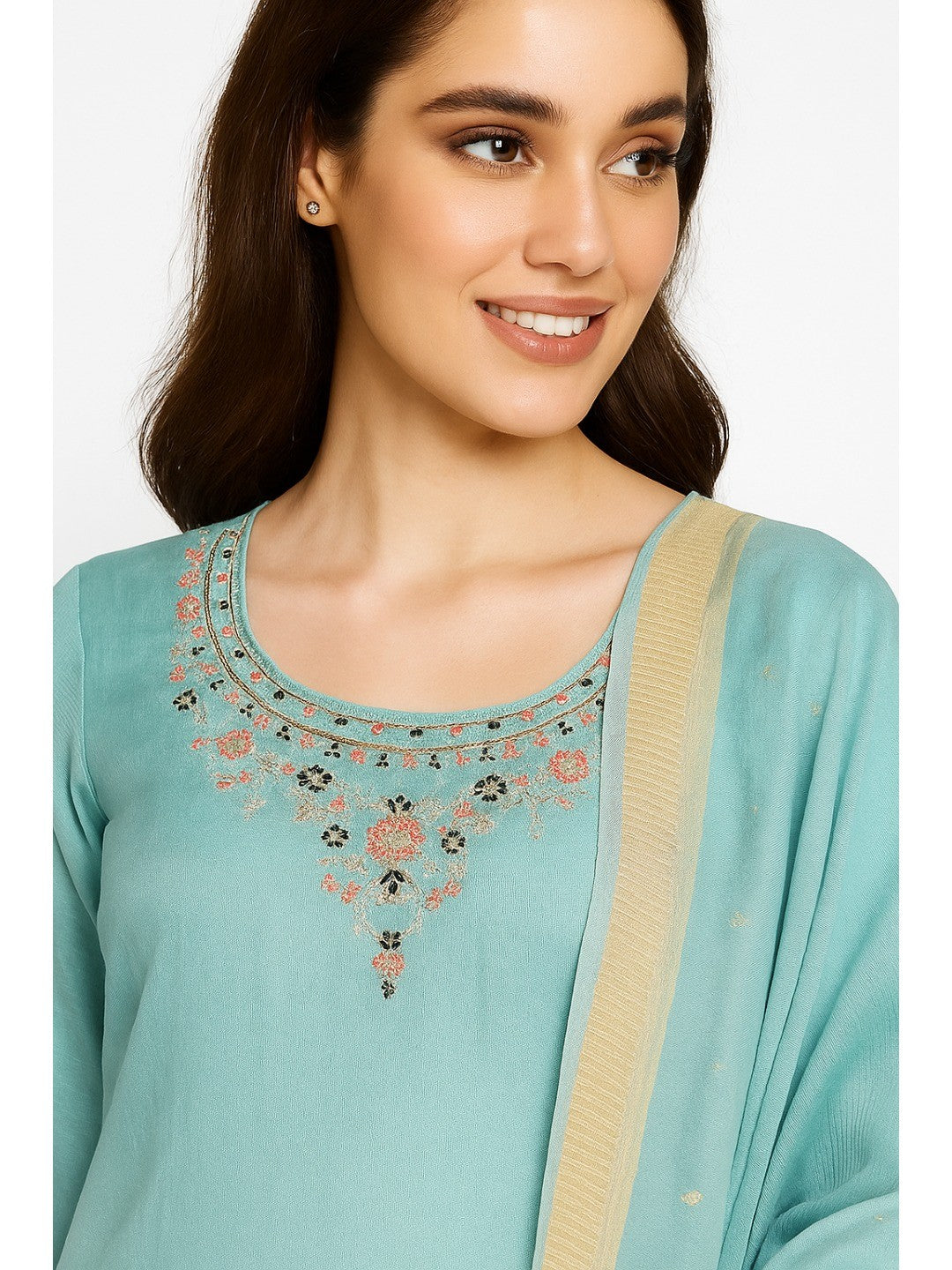 Blue Floral Sequins Embroidery With Handwork Viscose Straight Salwar Suit - Image 3