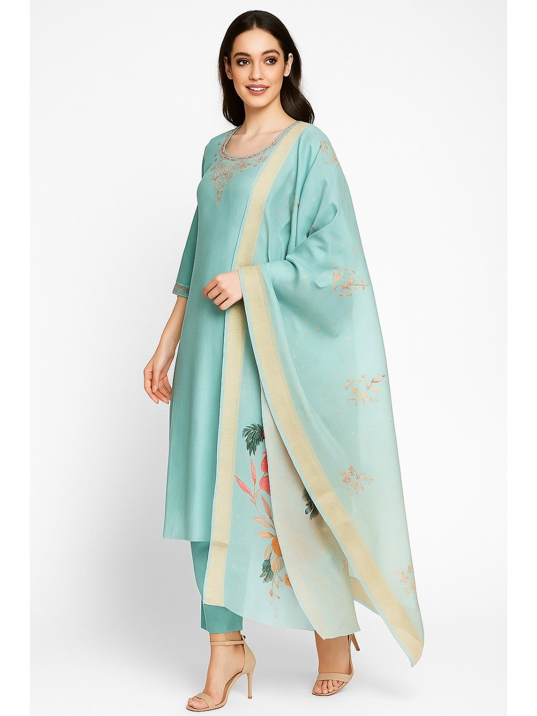 Blue Floral Sequins Embroidery With Handwork Viscose Straight Salwar Suit - Image 2