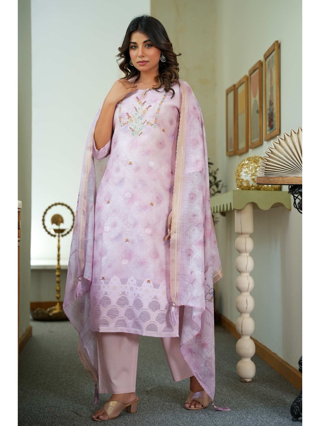 Sophisticated Onion Pink Linen Jacquard Suit Adorned with Floral Embroidered Patterns - Image 8