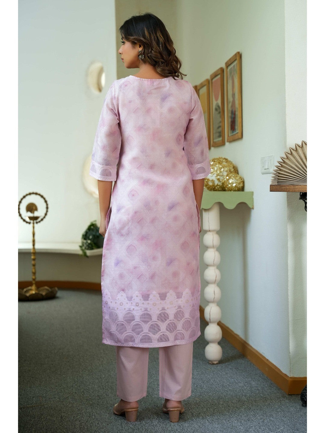 Sophisticated Onion Pink Linen Jacquard Suit Adorned with Floral Embroidered Patterns - Image 6