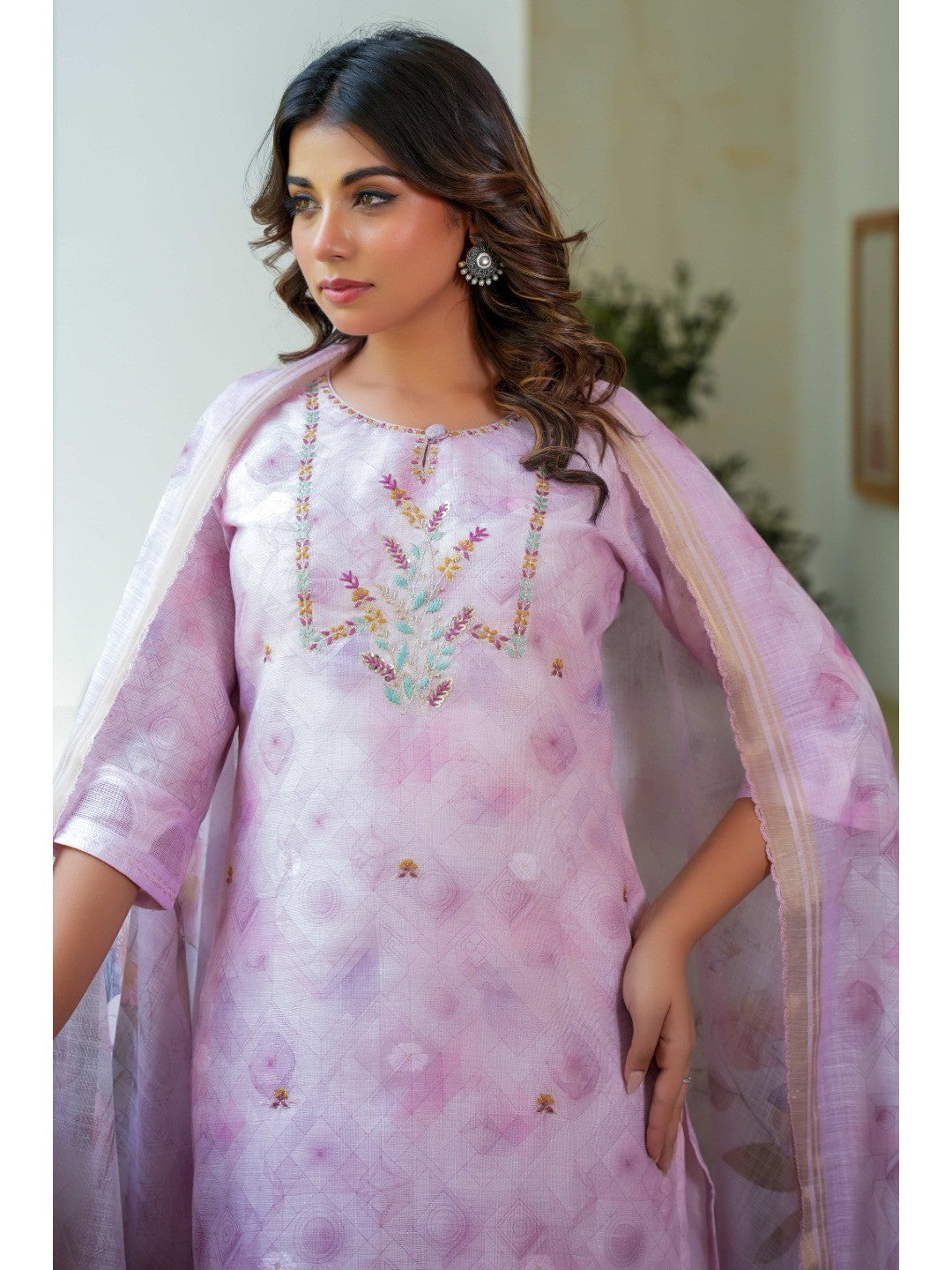 Sophisticated Onion Pink Linen Jacquard Suit Adorned with Floral Embroidered Patterns - Image 7