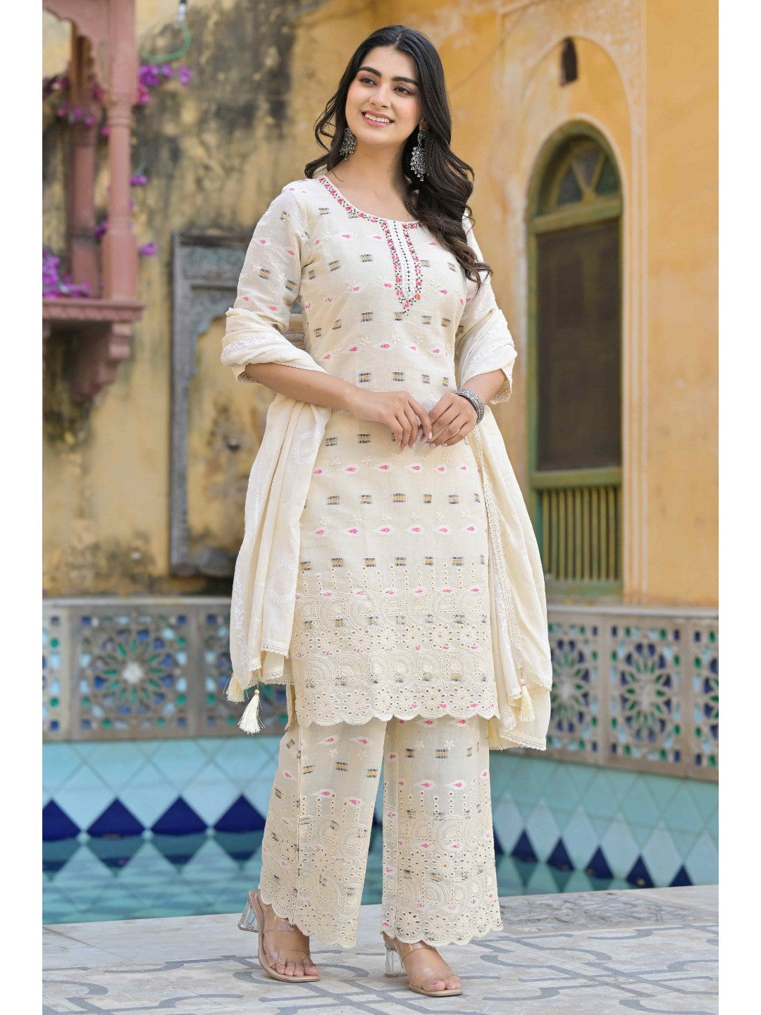 Off White Schiffli Work Embroidered Pure Cotton Salwar Suit - Image 6
