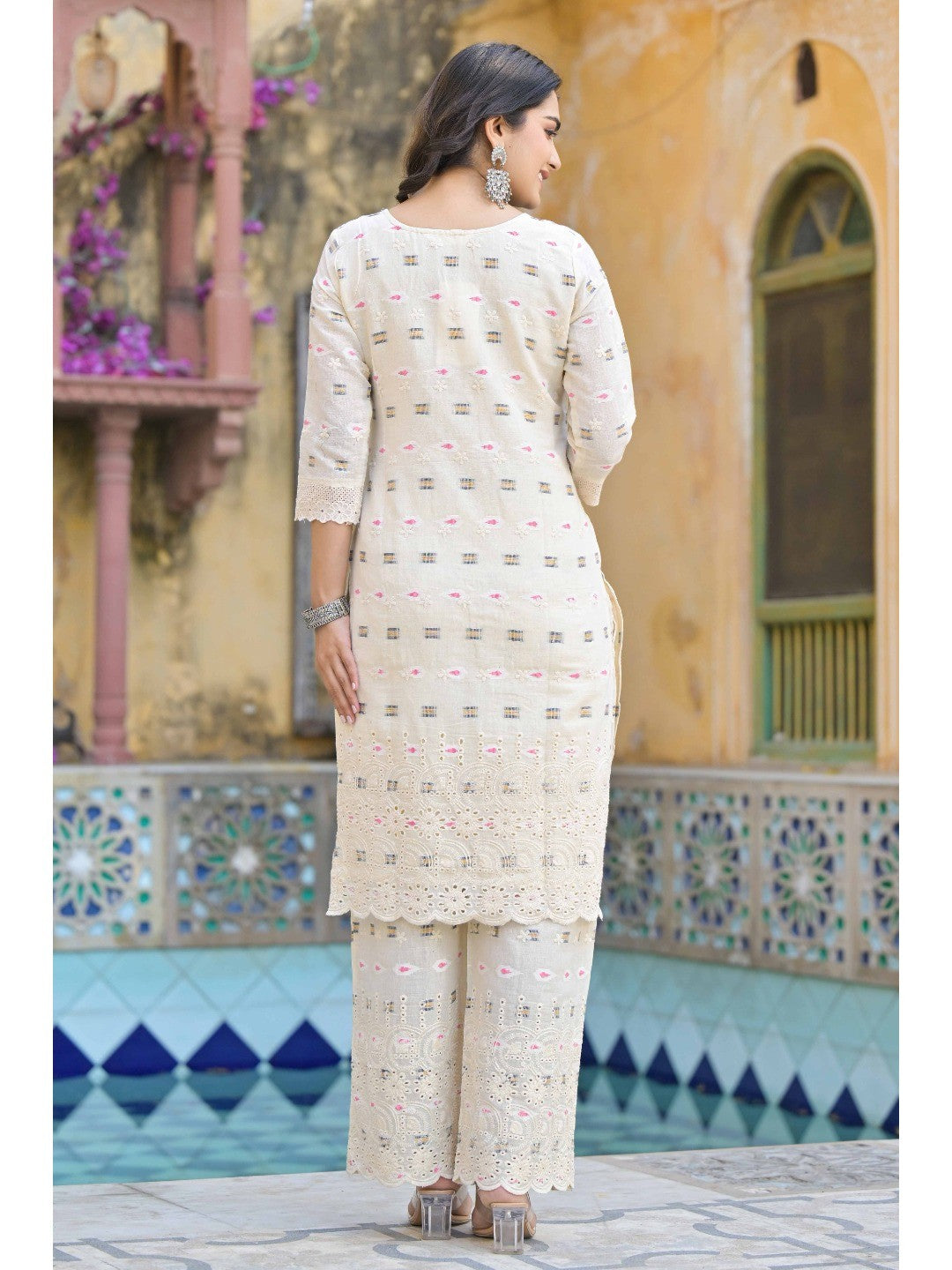 Off White Schiffli Work Embroidered Pure Cotton Salwar Suit - Image 7
