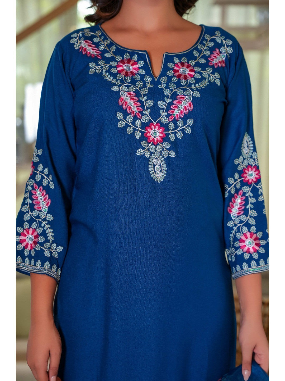 Navy Blue Heavy Viscose Rayon Straight Suit with Delicate Floral Embroidery for Graceful Style - Image 2