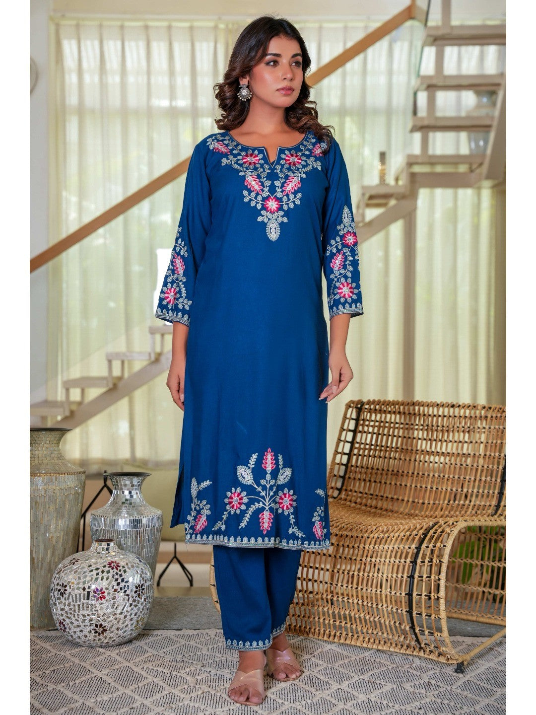 Navy Blue Heavy Viscose Rayon Straight Suit with Delicate Floral Embroidery for Graceful Style - Image 9