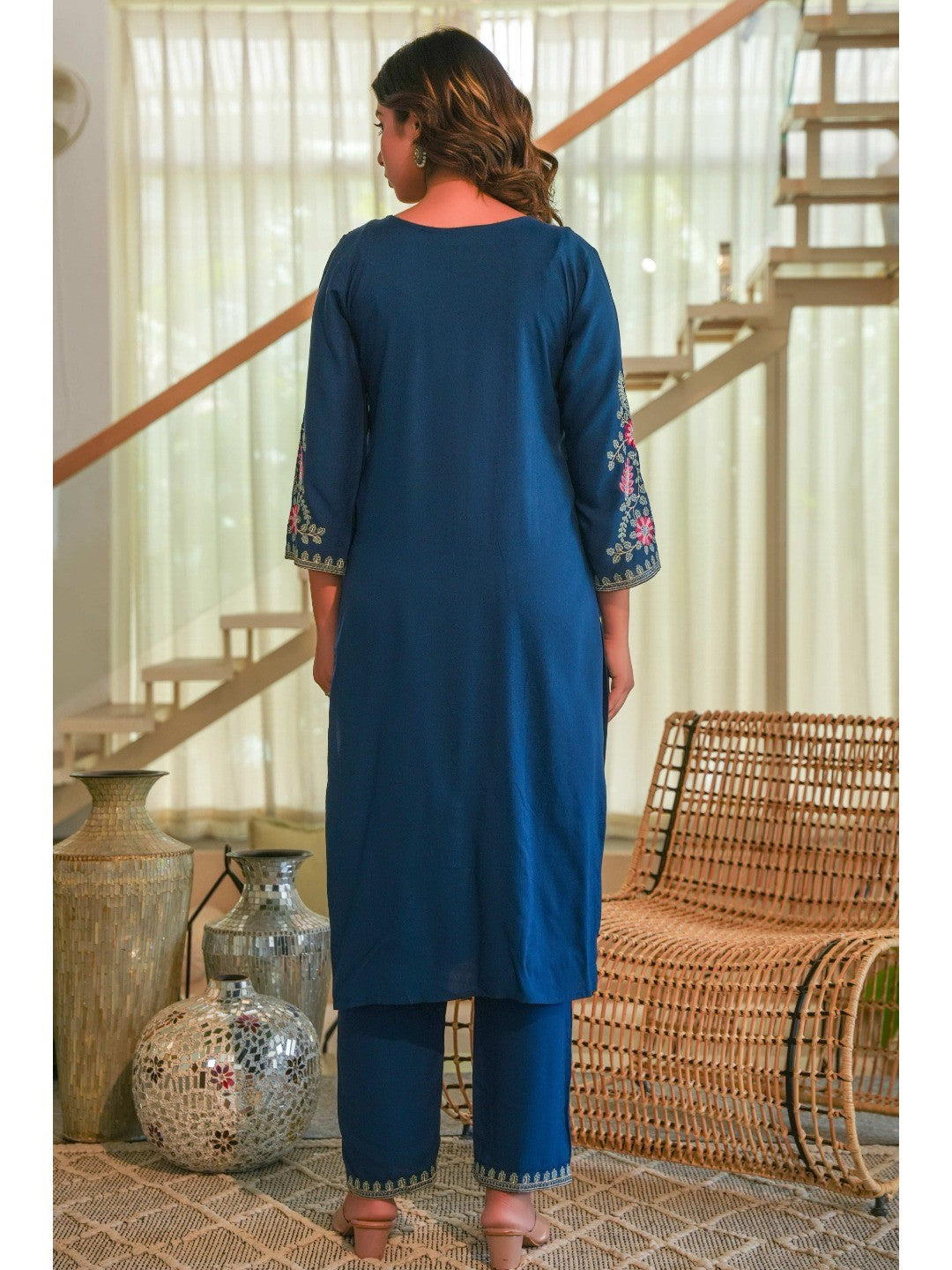 Navy Blue Heavy Viscose Rayon Straight Suit with Delicate Floral Embroidery for Graceful Style - Image 8