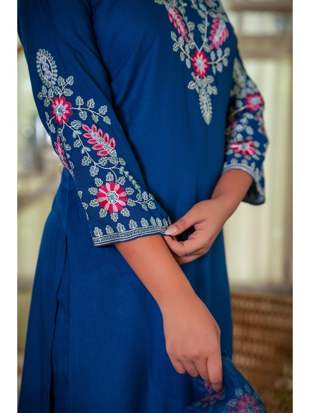 Navy Blue Heavy Viscose Rayon Straight Suit with Delicate Floral Embroidery for Graceful Style - Image 6