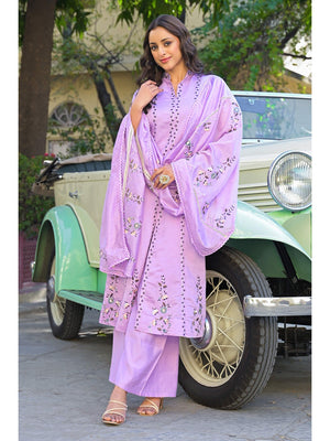 Light Purple Floral Embroidered Chanderi A-Line Salwar Suit - Image 1