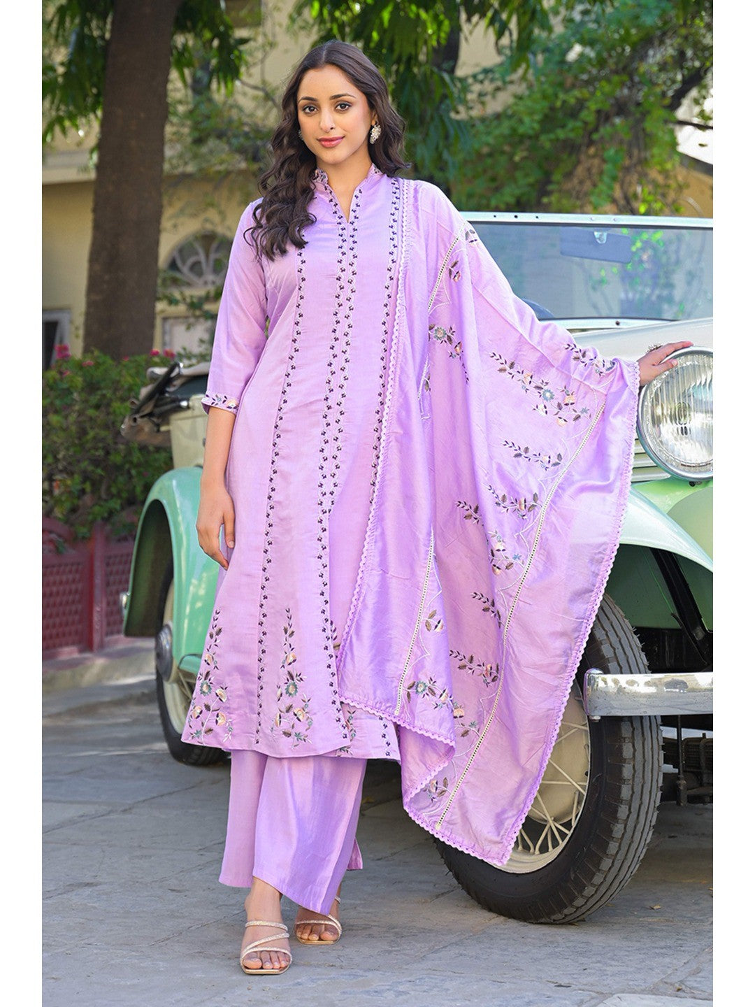 Light Purple Floral Embroidered Chanderi A-Line Salwar Suit - Image 5