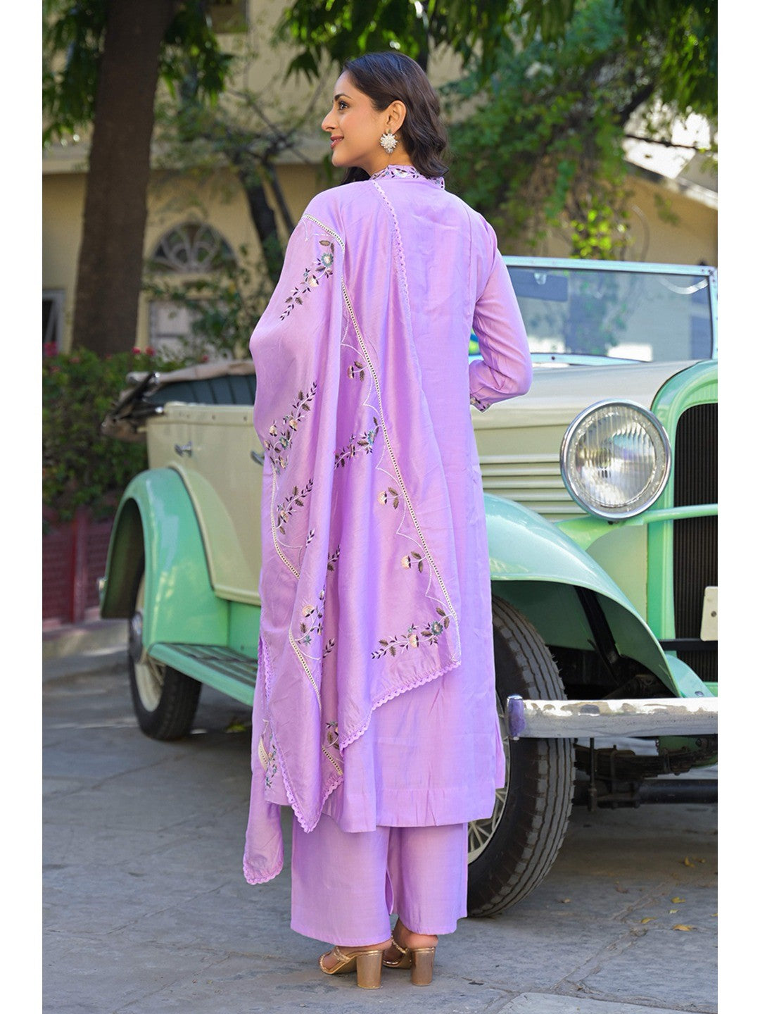 Light Purple Floral Embroidered Chanderi A-Line Salwar Suit - Image 8