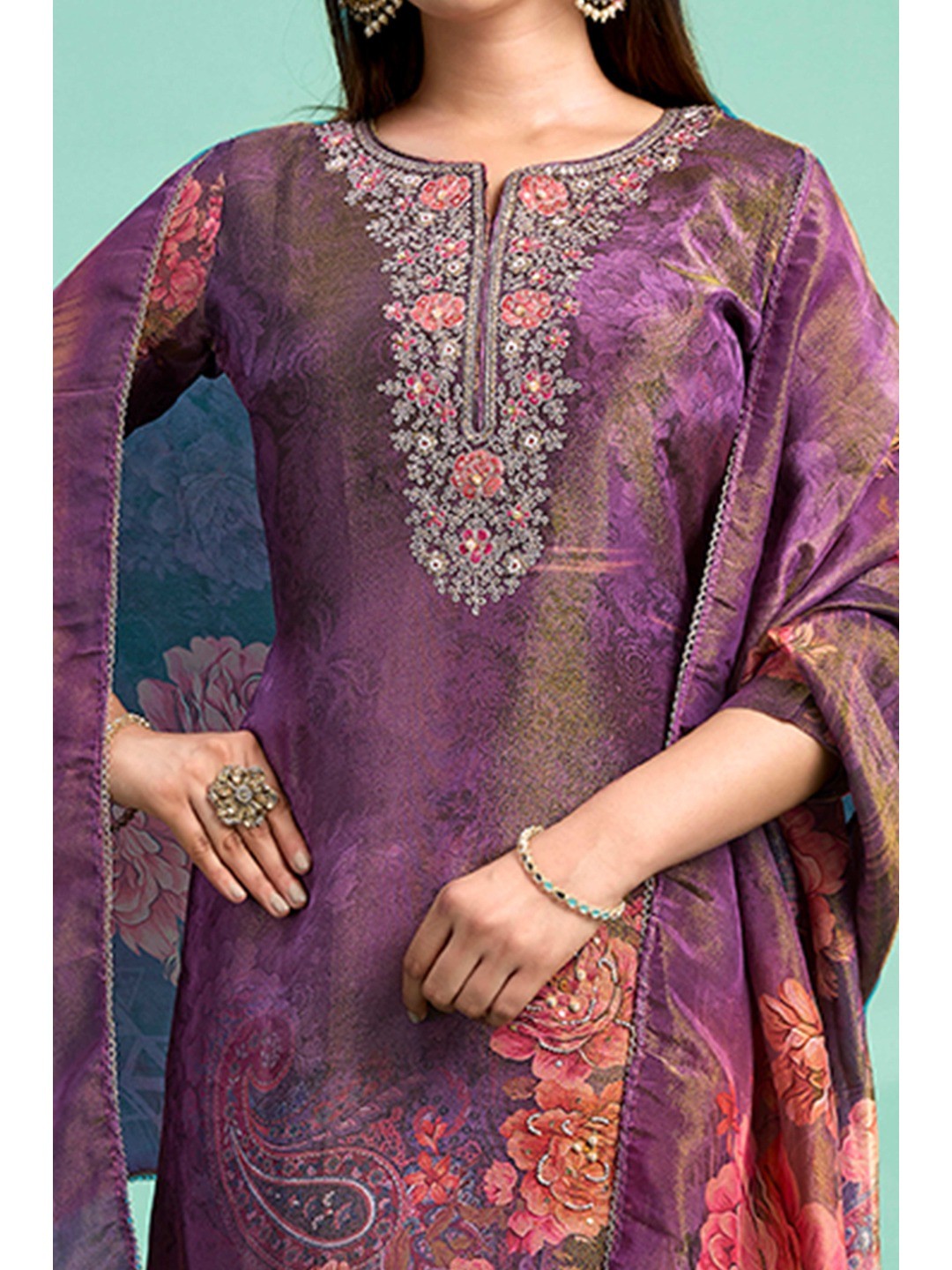 Purple Bandhani Printed With Embroidery Work Pure Viscose Salwar Suit - Image 6