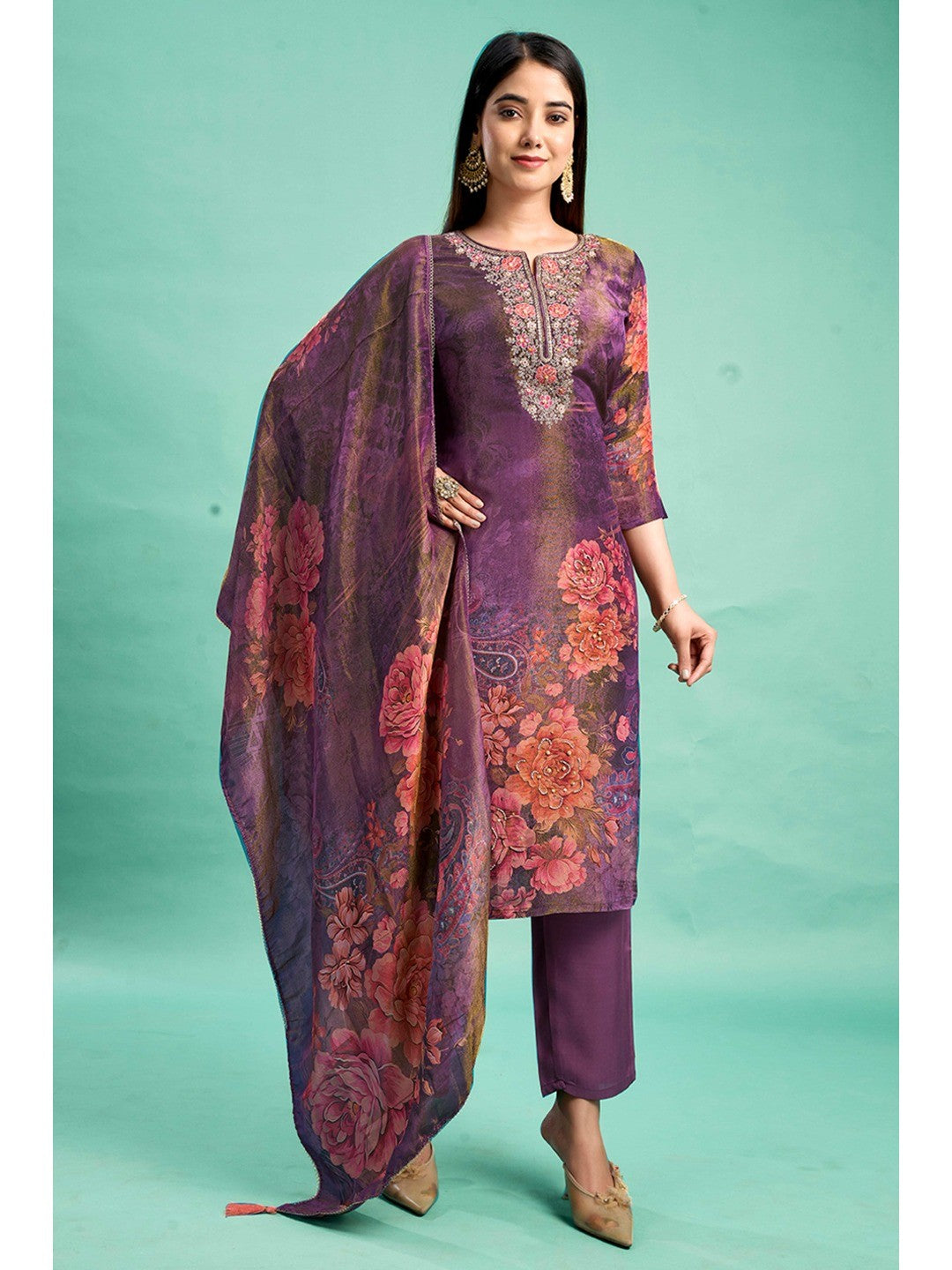 Purple Bandhani Printed With Embroidery Work Pure Viscose Salwar Suit - Image 4