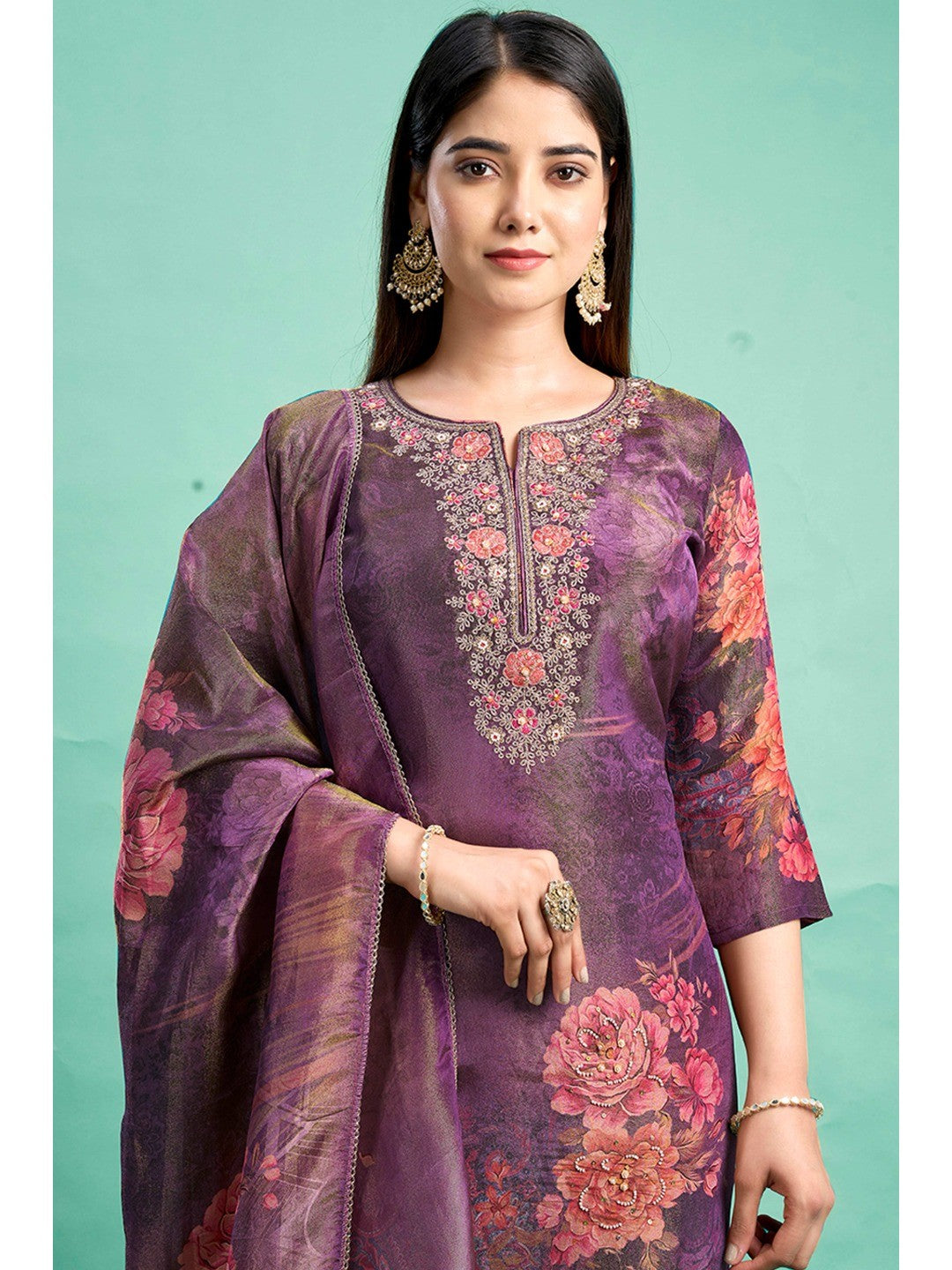 Purple Bandhani Printed With Embroidery Work Pure Viscose Salwar Suit - Image 5
