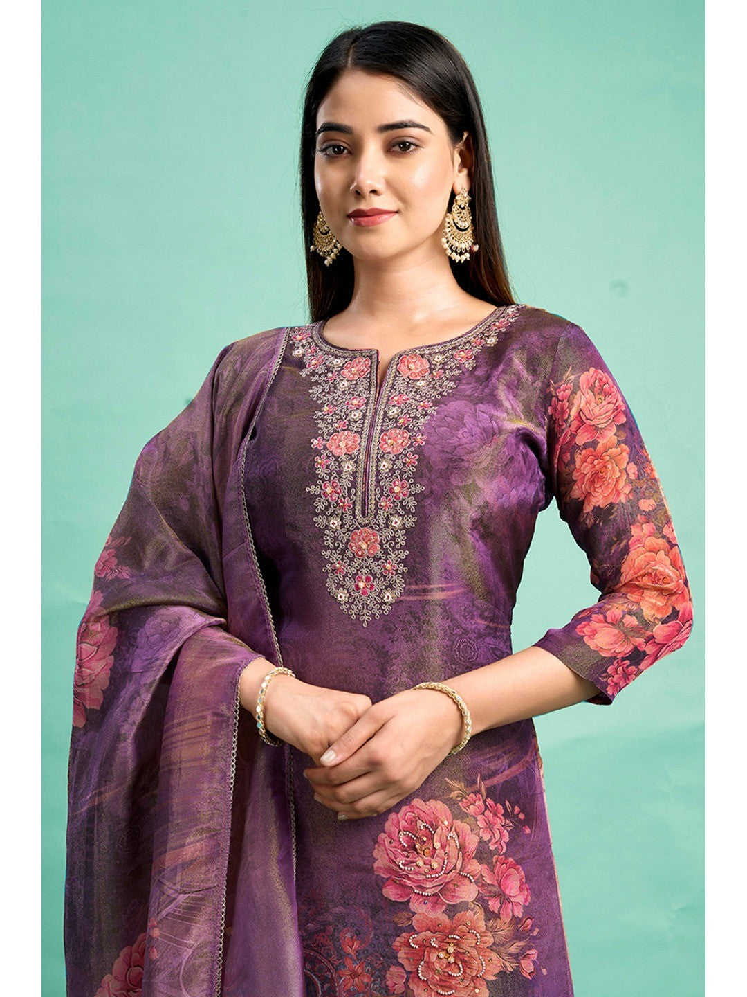 Purple Bandhani Printed With Embroidery Work Pure Viscose Salwar Suit - Image 3