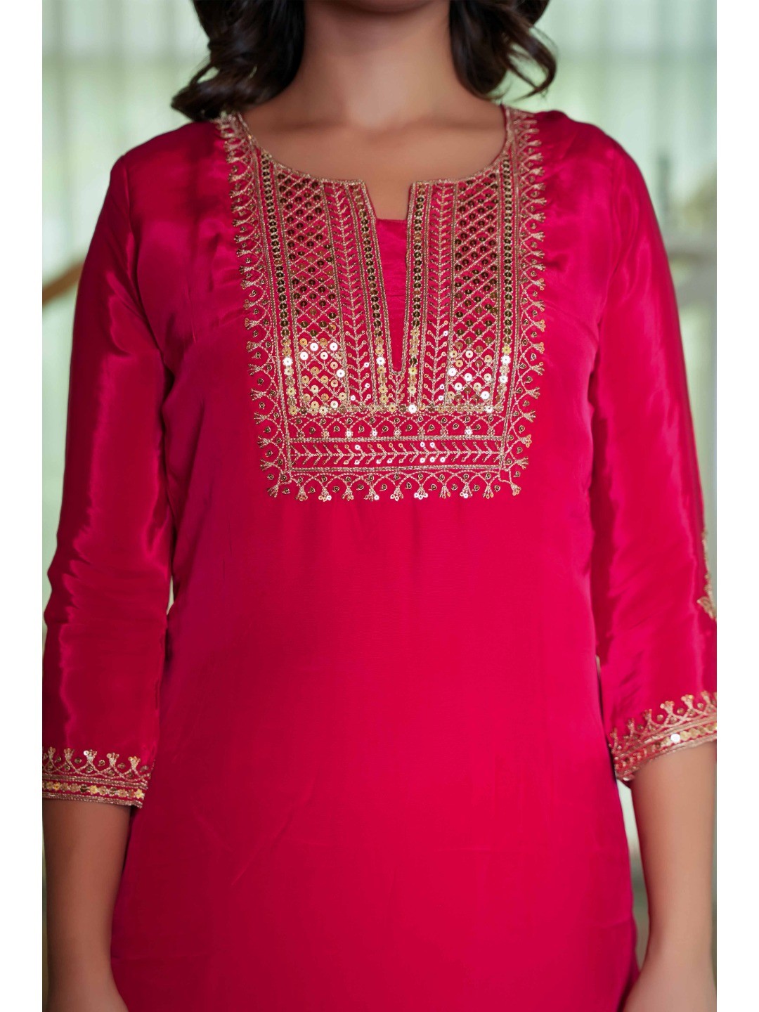 Glamorous Red Crepe Straight Suit with Intricate Sequin Embroidery - Image 7