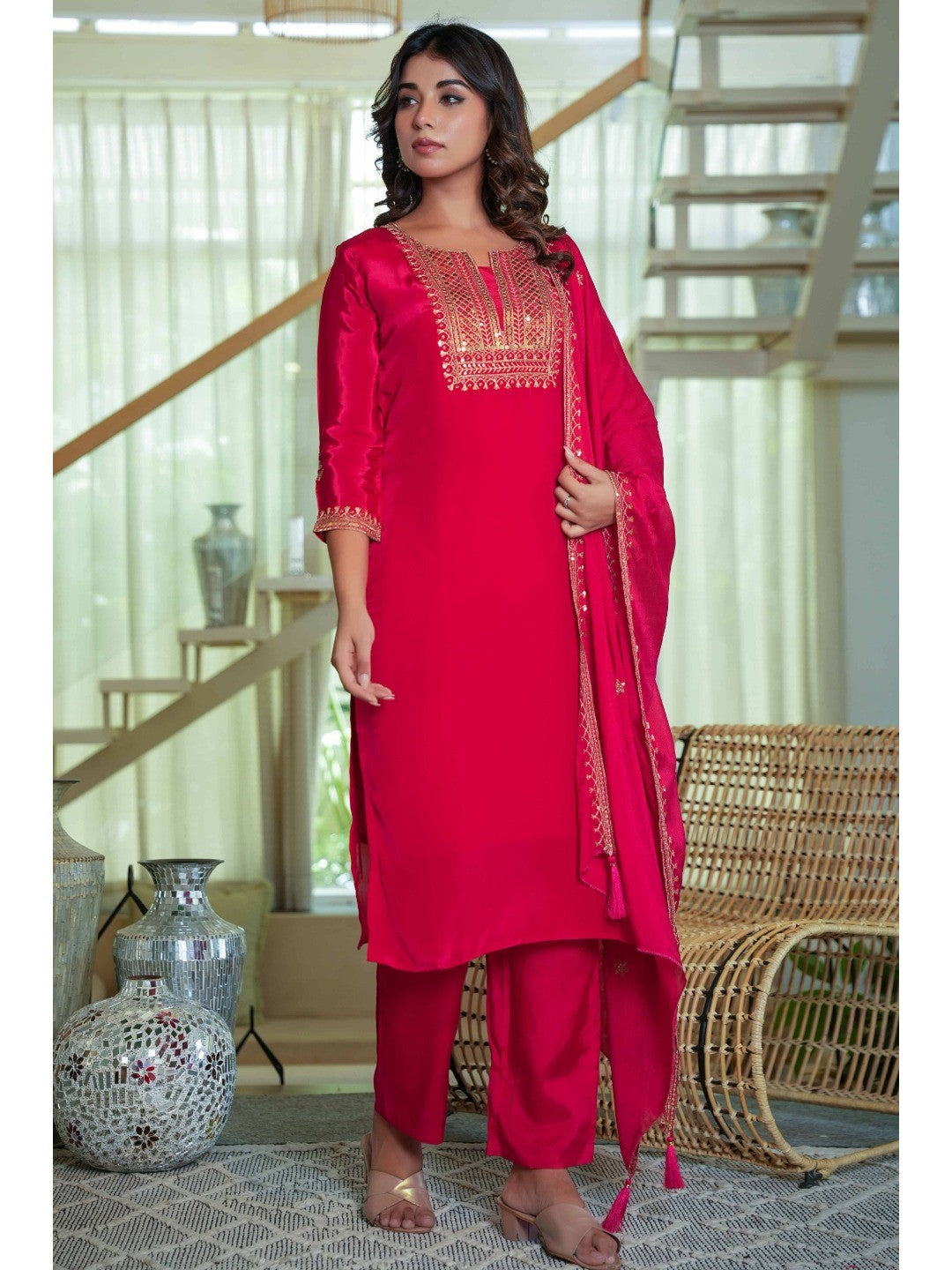Glamorous Red Crepe Straight Suit with Intricate Sequin Embroidery - Image 6