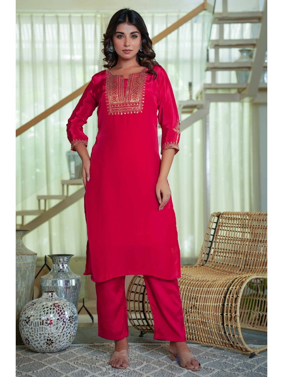 Glamorous Red Crepe Straight Suit with Intricate Sequin Embroidery - Image 5
