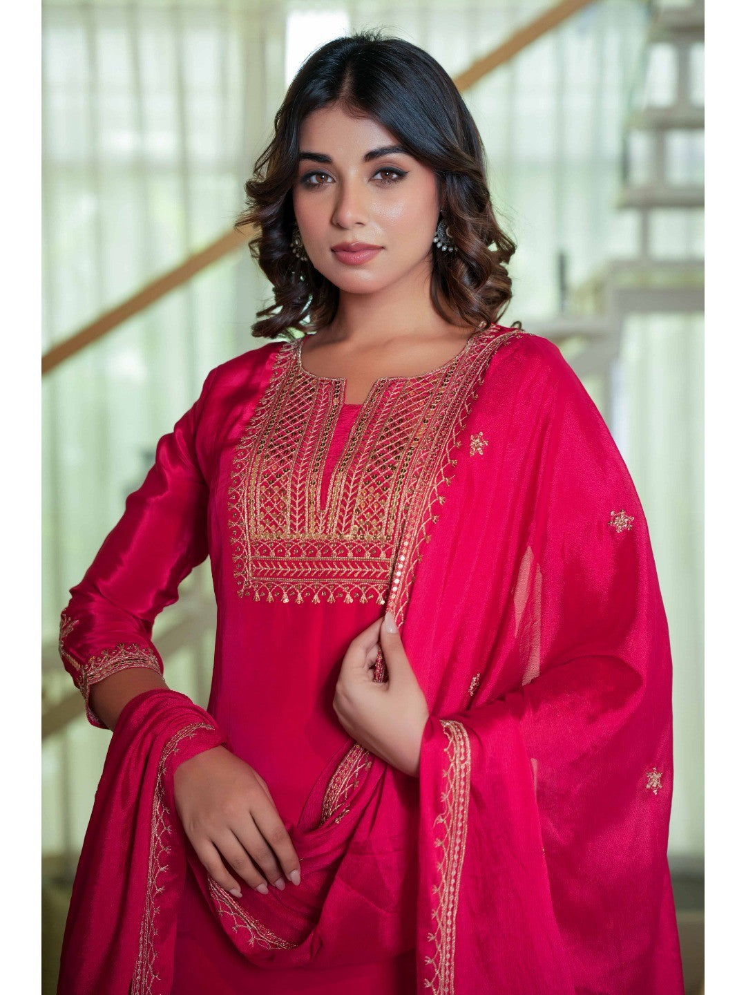 Glamorous Red Crepe Straight Suit with Intricate Sequin Embroidery - Image 8