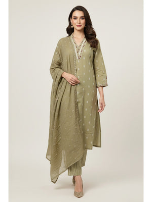 Green Pure Cotton Straight Suit with Handloom Weaving - Image 1