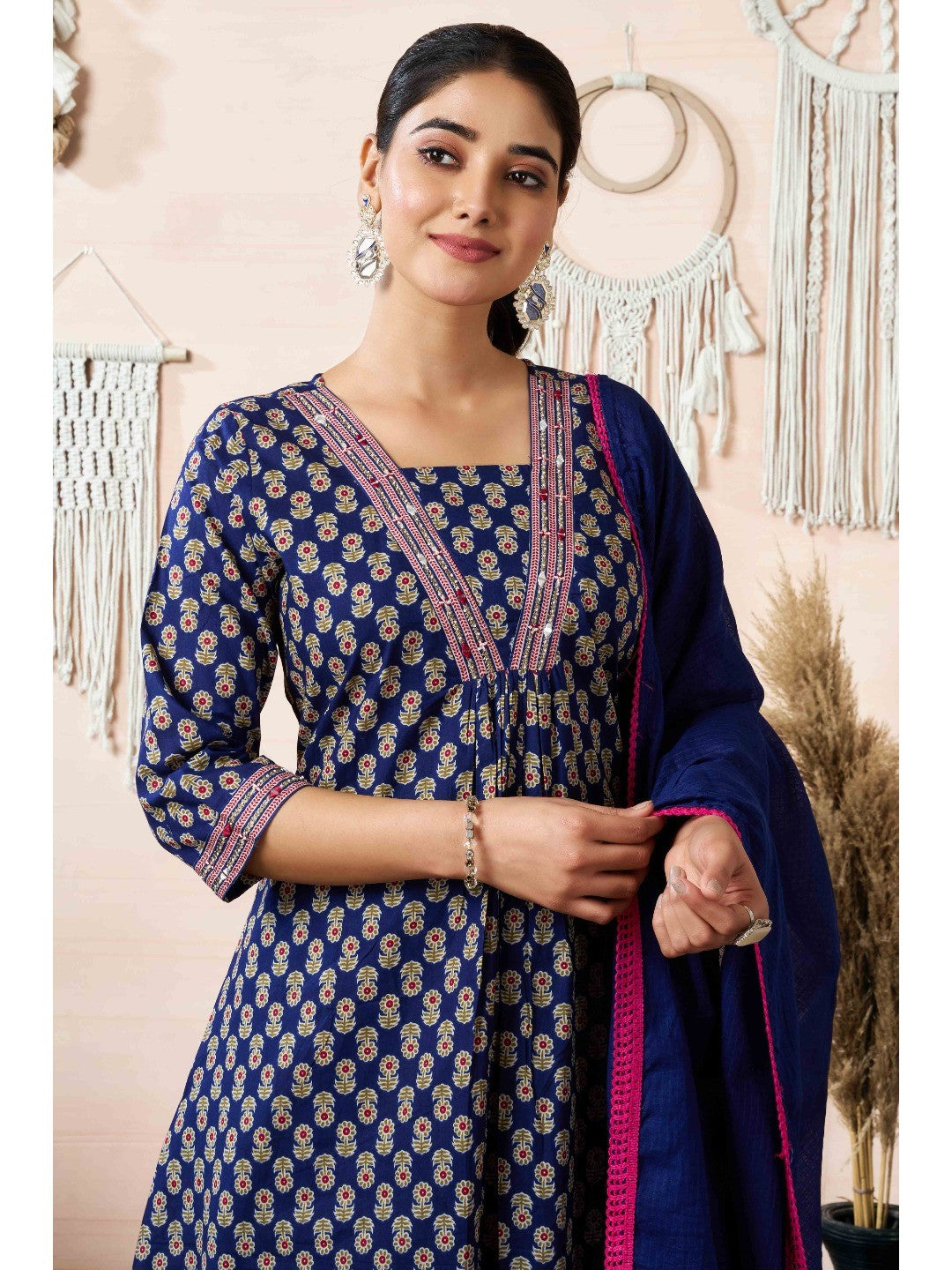 Navy Blue Floral Printed Pure Cotton A-Line Salwar Suit - Image 2