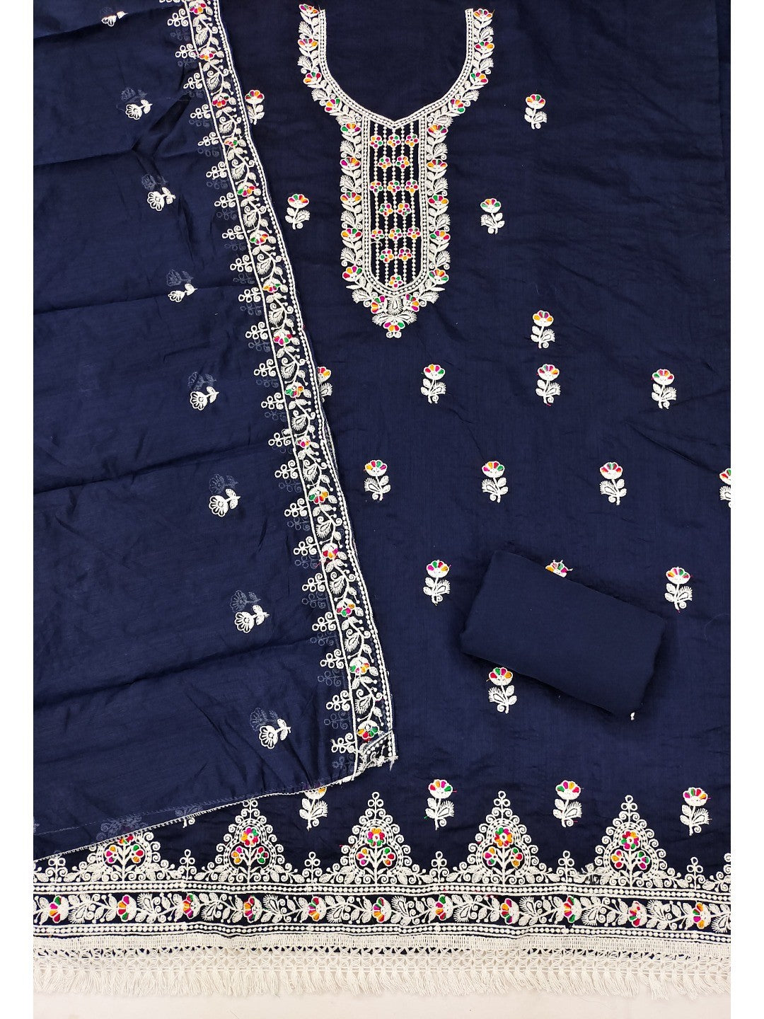 Navy Blue Chanderi Silk Dress Material with Embroidery and Intricate Thread Detailing - Image 1