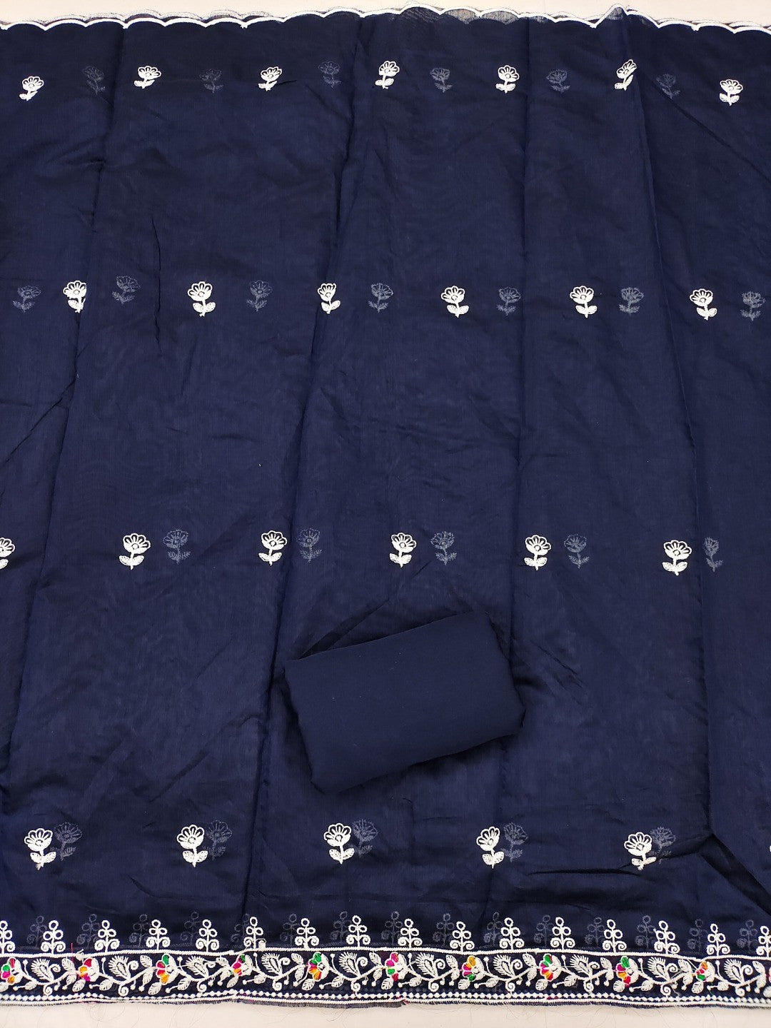 Navy Blue Chanderi Silk Dress Material with Embroidery and Intricate Thread Detailing - Image 3