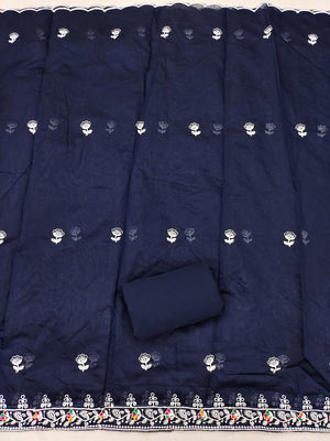 Navy Blue Chanderi Silk Dress Material with Embroidery and Intricate Thread Detailing - Image 2