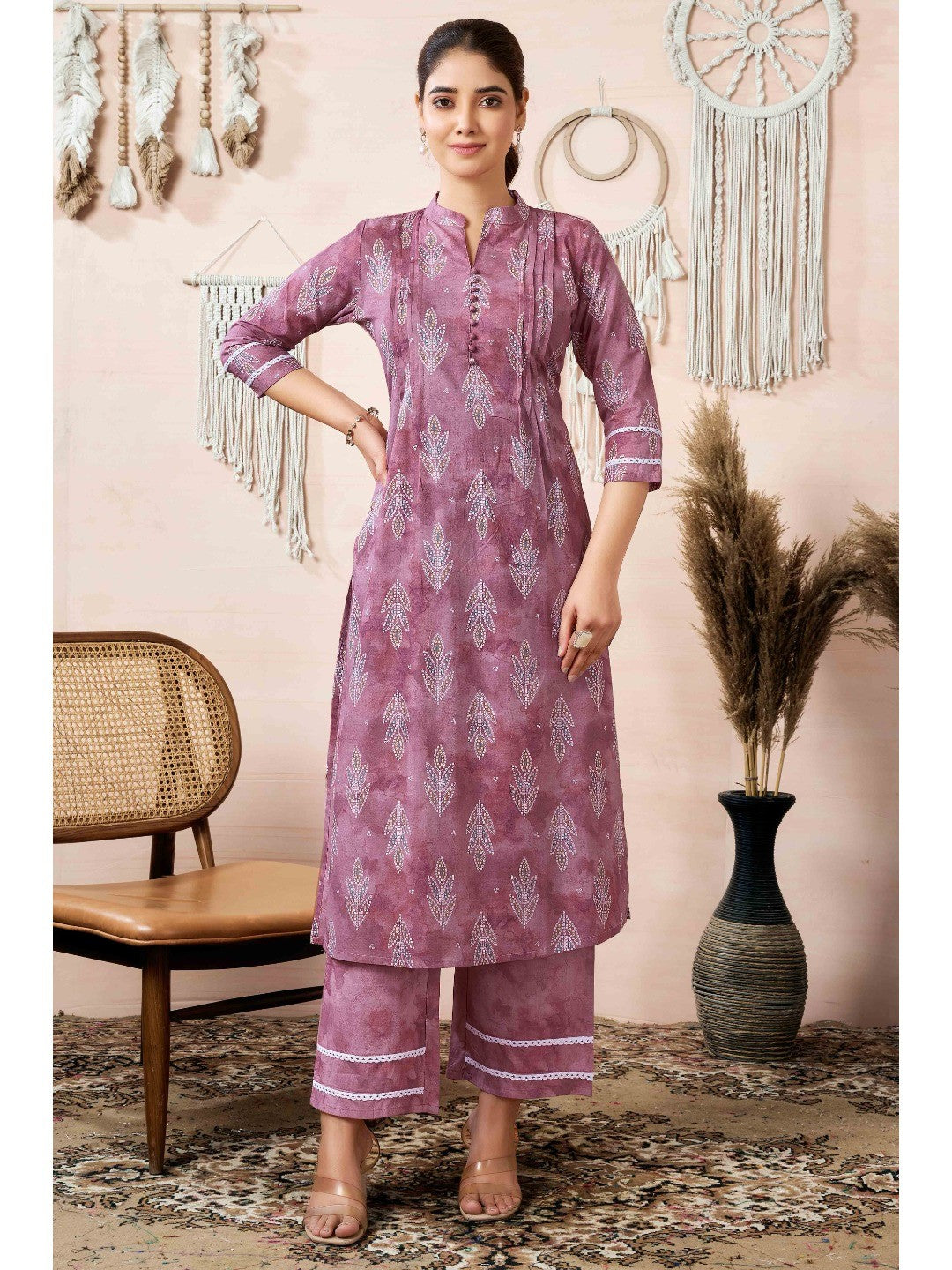 Mauve Floral Foil Printed Cambric Cotton Kurti Palazzo Set - Image 1