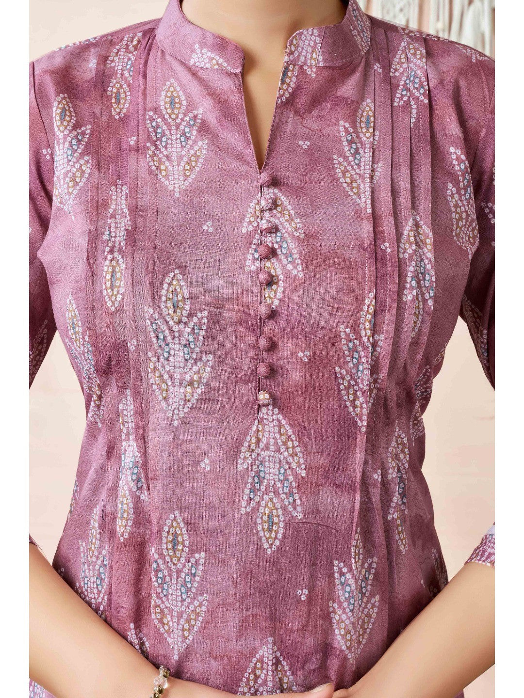 Mauve Floral Foil Printed Cambric Cotton Kurti Palazzo Set - Image 6