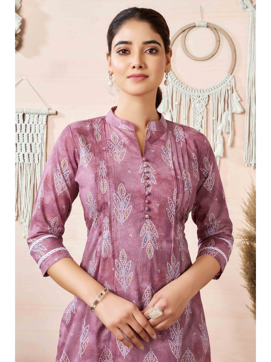 Mauve Floral Foil Printed Cambric Cotton Kurti Palazzo Set - Image 2