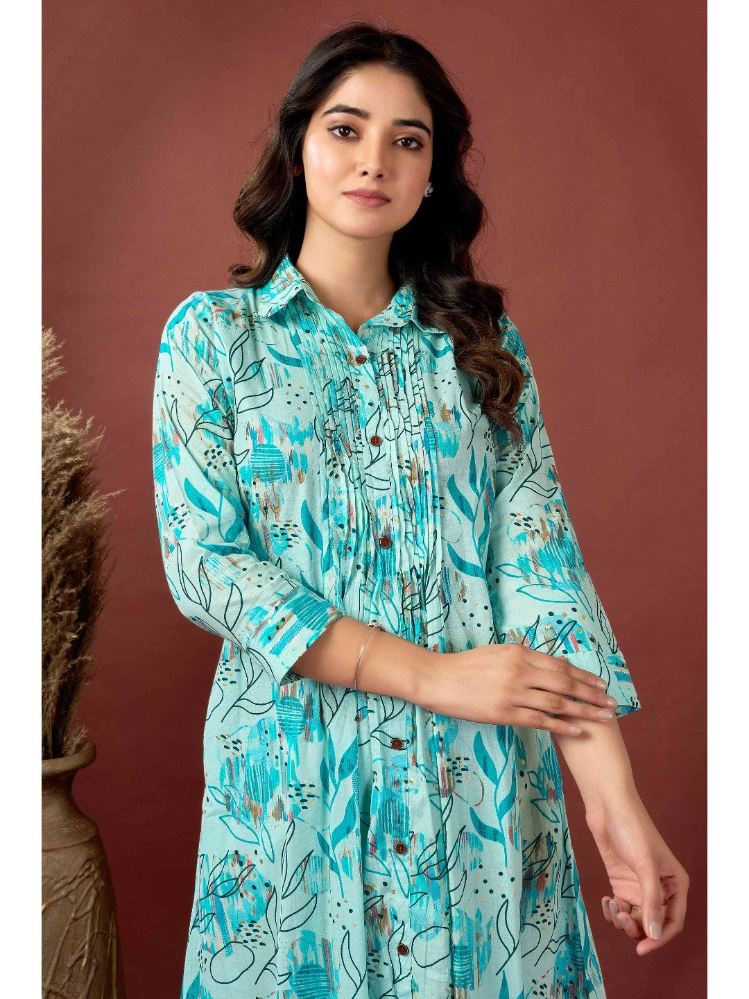 Light Blue Floral Printed Pure Cotton A-Line Kurti - Image 5