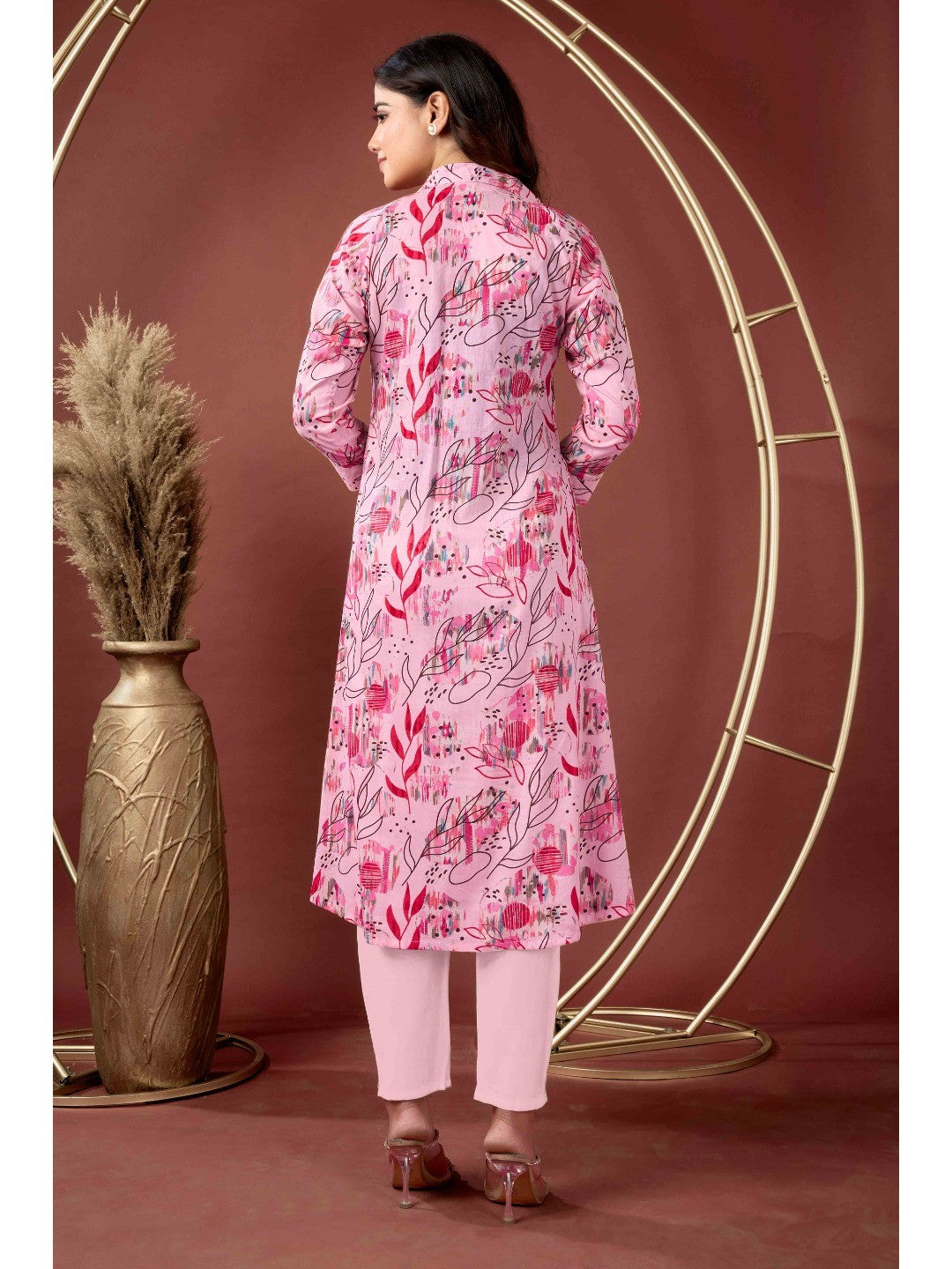 Light Peach Floral Printed Pure Cotton A-Line Kurti - Image 4