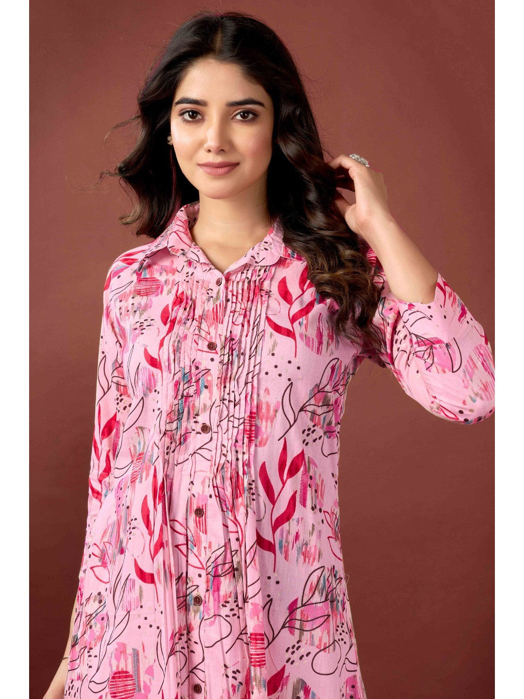 Light Peach Floral Printed Pure Cotton A-Line Kurti - Image 6